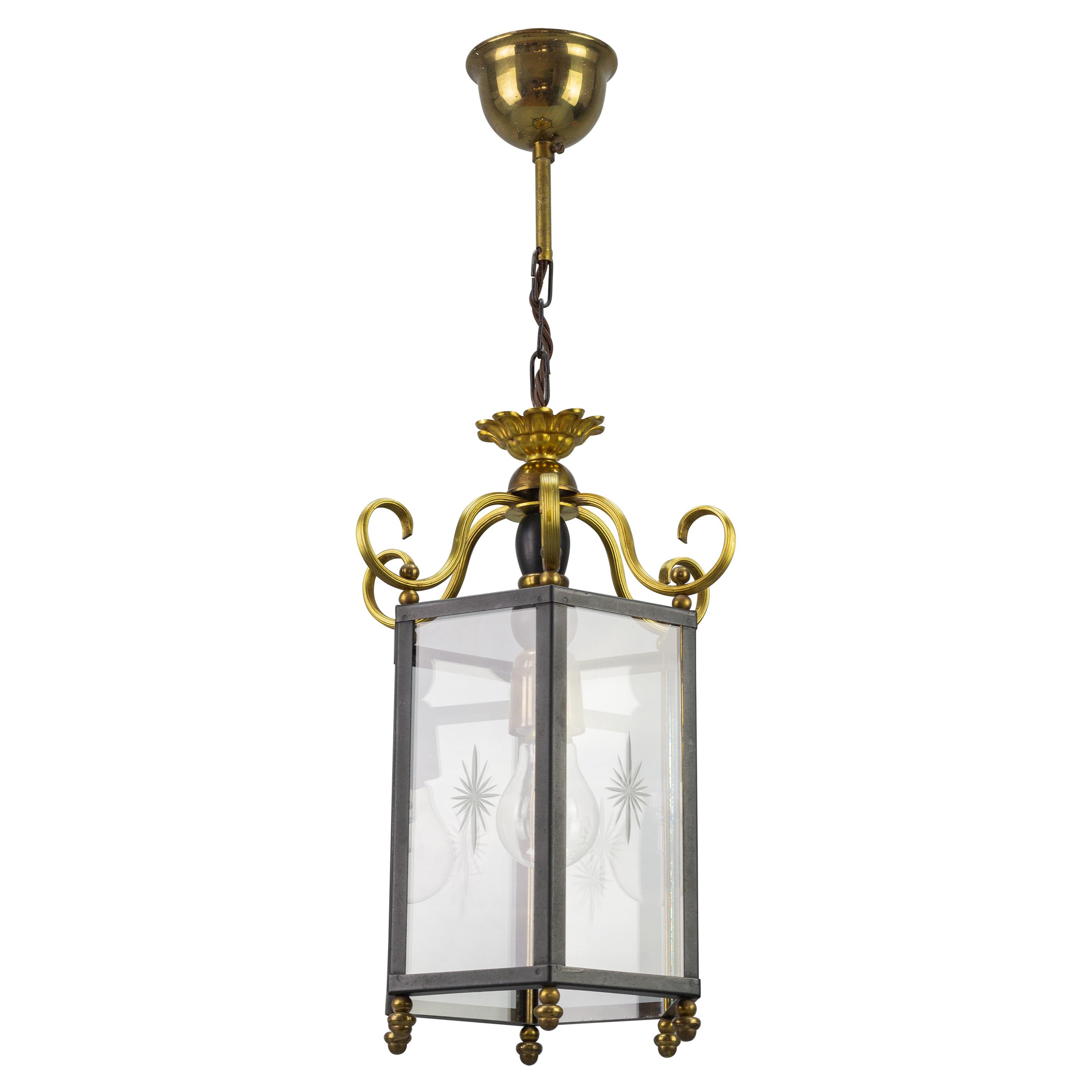 Neoclassical Style Brass and Glass Hanging Hall Lantern For Sale