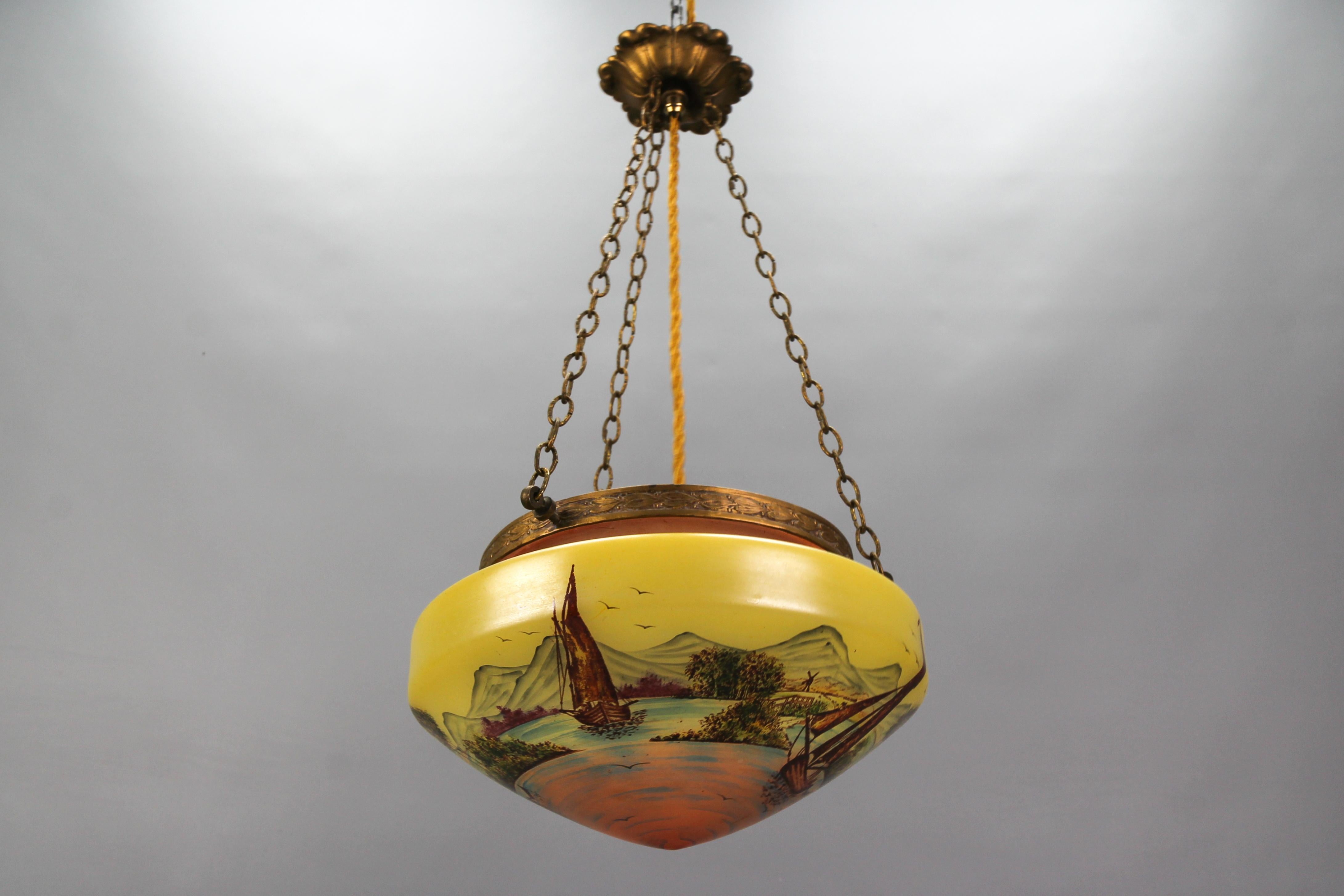 Lampe suspendue de style néoclassique en laiton et verre avec paysage peint à la main  en vente 6