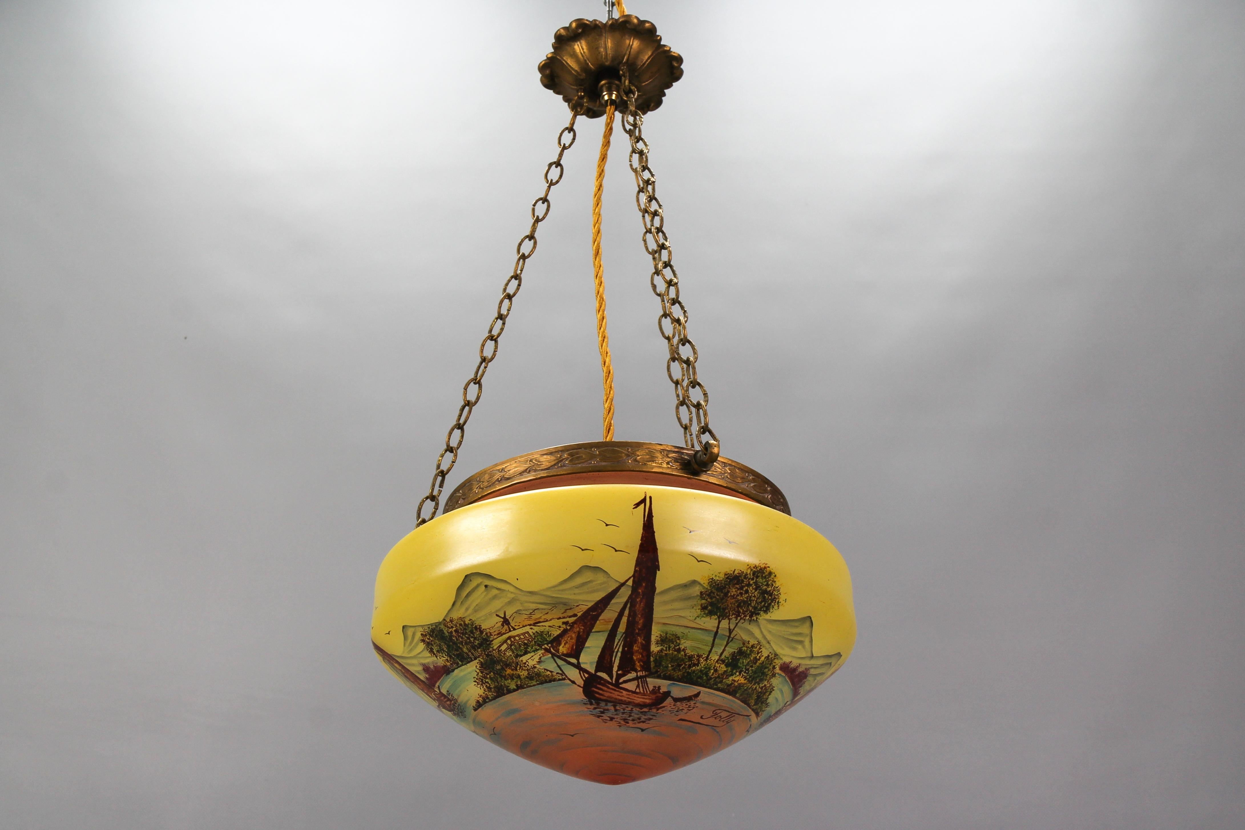 Lampe suspendue de style néoclassique en laiton et verre avec paysage peint à la main  en vente 7