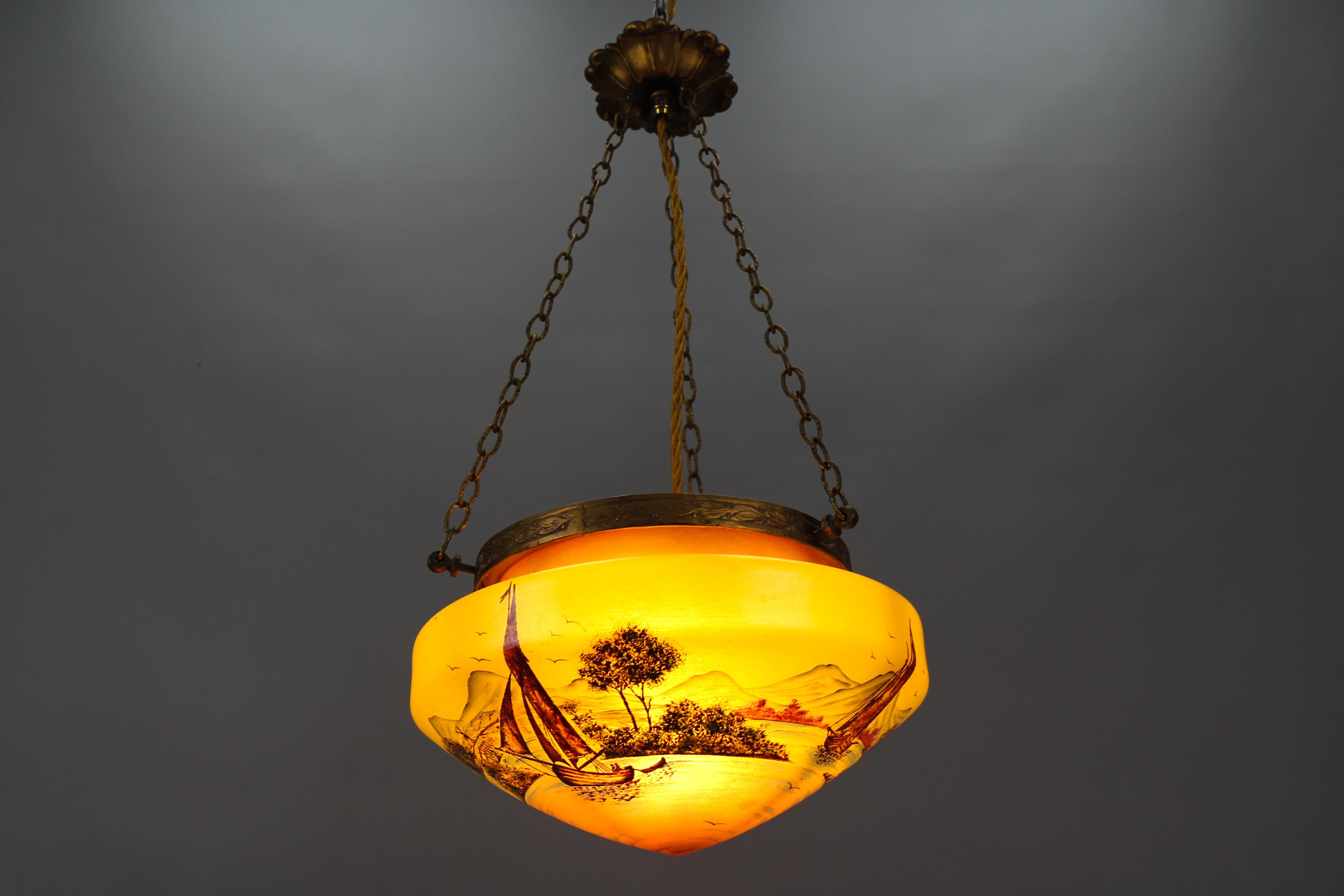 Lampe suspendue de style néoclassique en laiton et verre avec paysage peint à la main  en vente 8