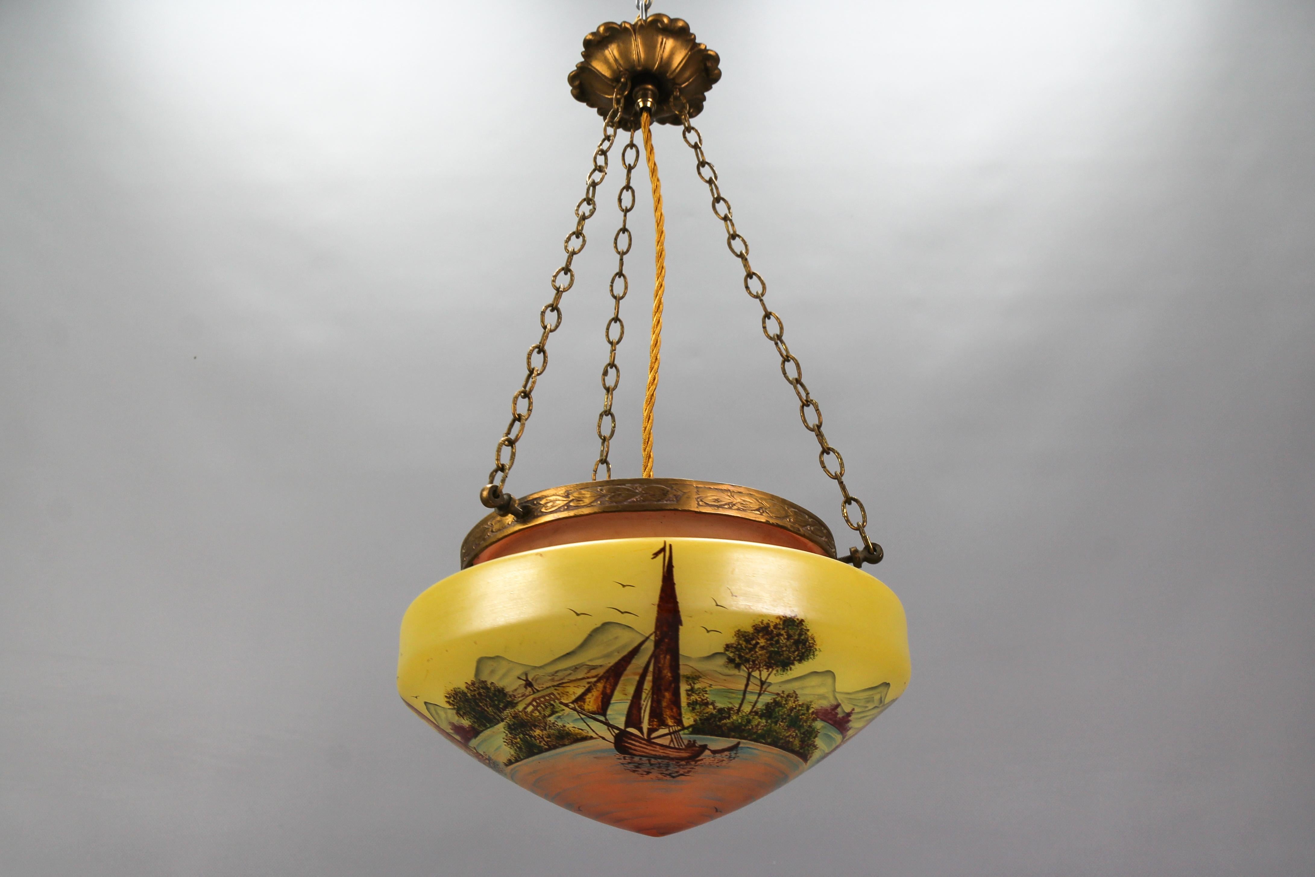 Lampe suspendue de style néoclassique en laiton et verre avec paysage peint à la main  en vente 9
