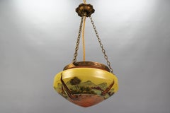 Neoclassical Style Brass and Glass Pendant Light with Hand-Painted Landscape