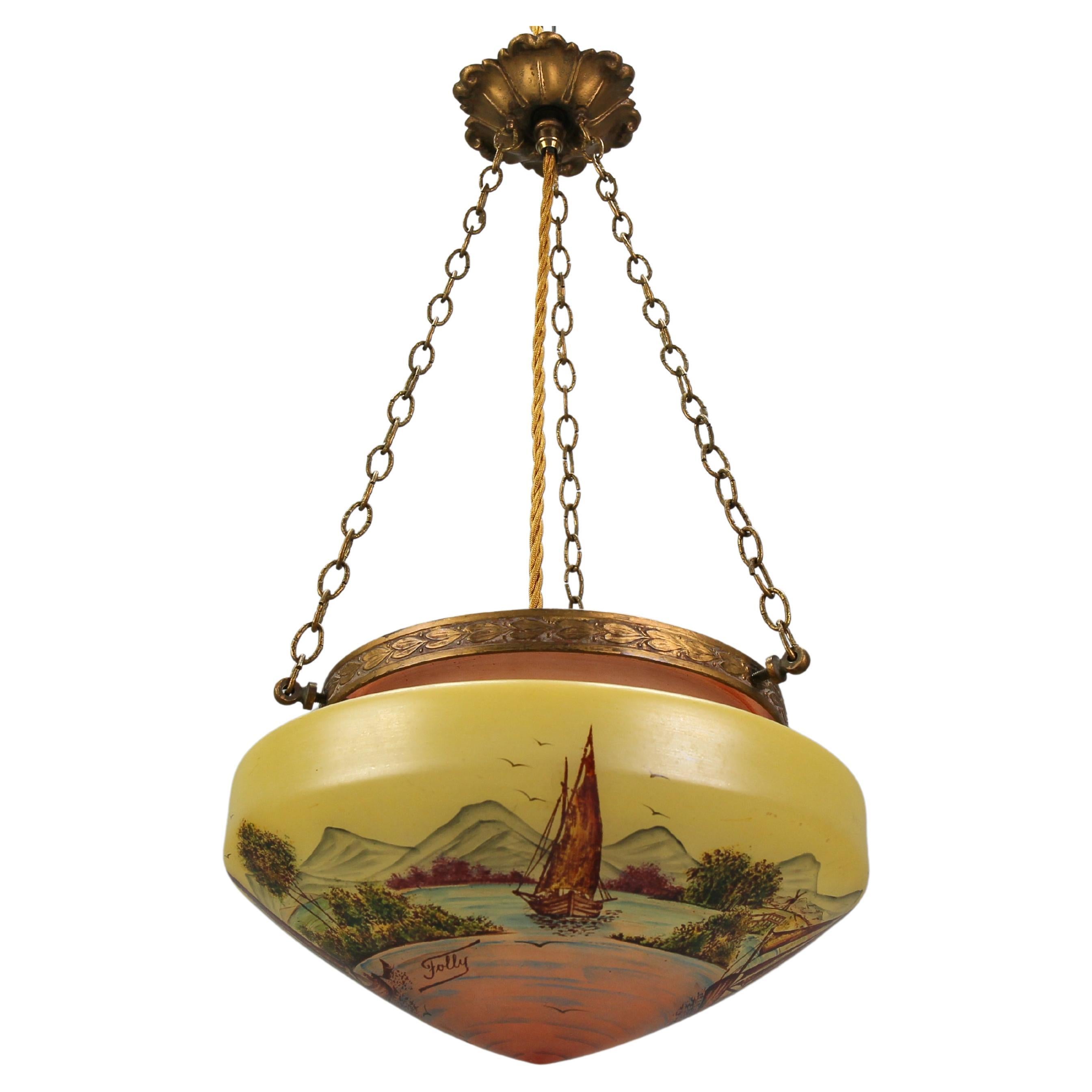 Lampe suspendue de style néoclassique en laiton et verre avec paysage peint à la main  en vente