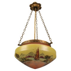 Lampe suspendue de style néoclassique en laiton et verre avec paysage peint à la main 
