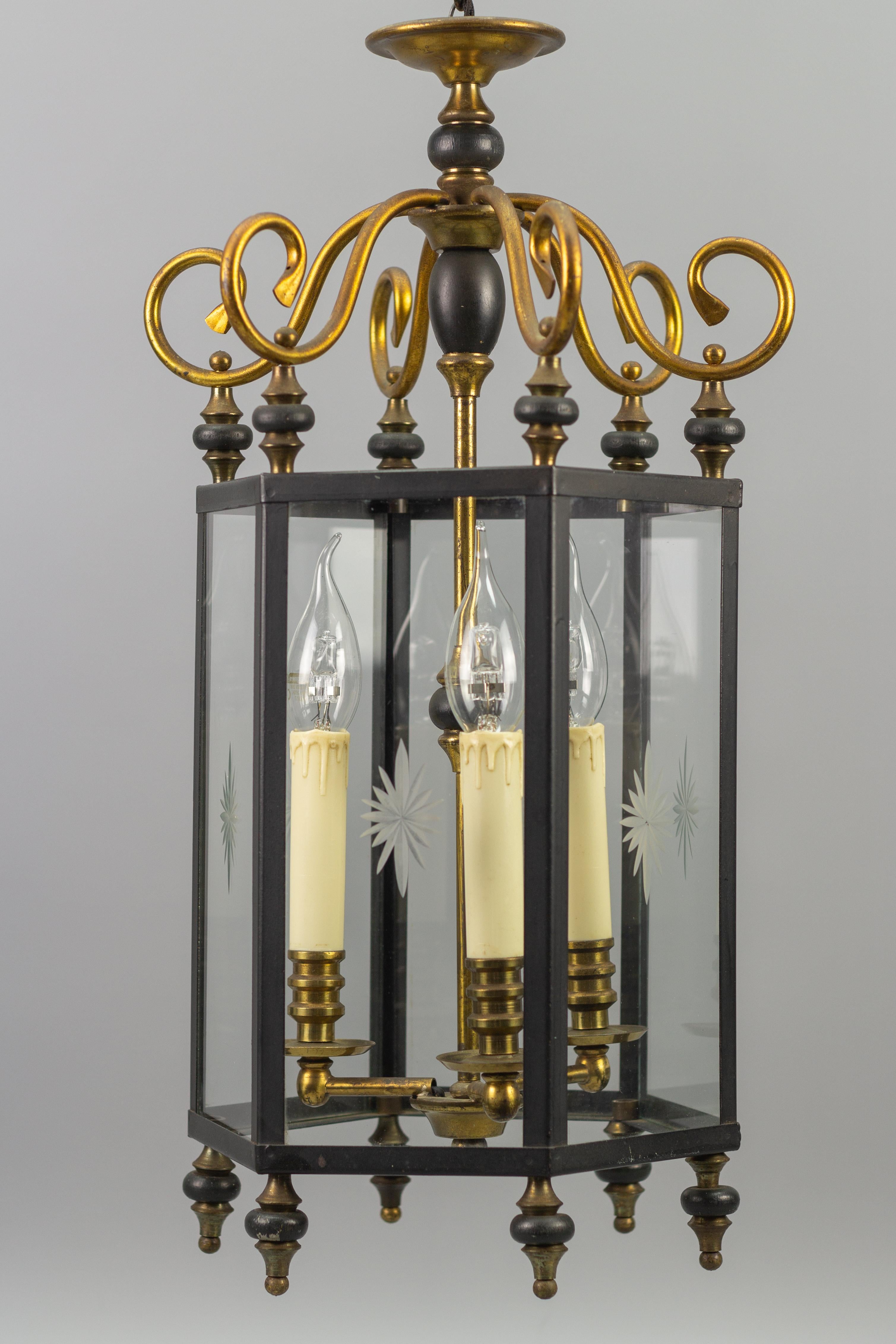 Neoclassical Style Brass and Glass Three-Light Hanging Hall Lantern 5