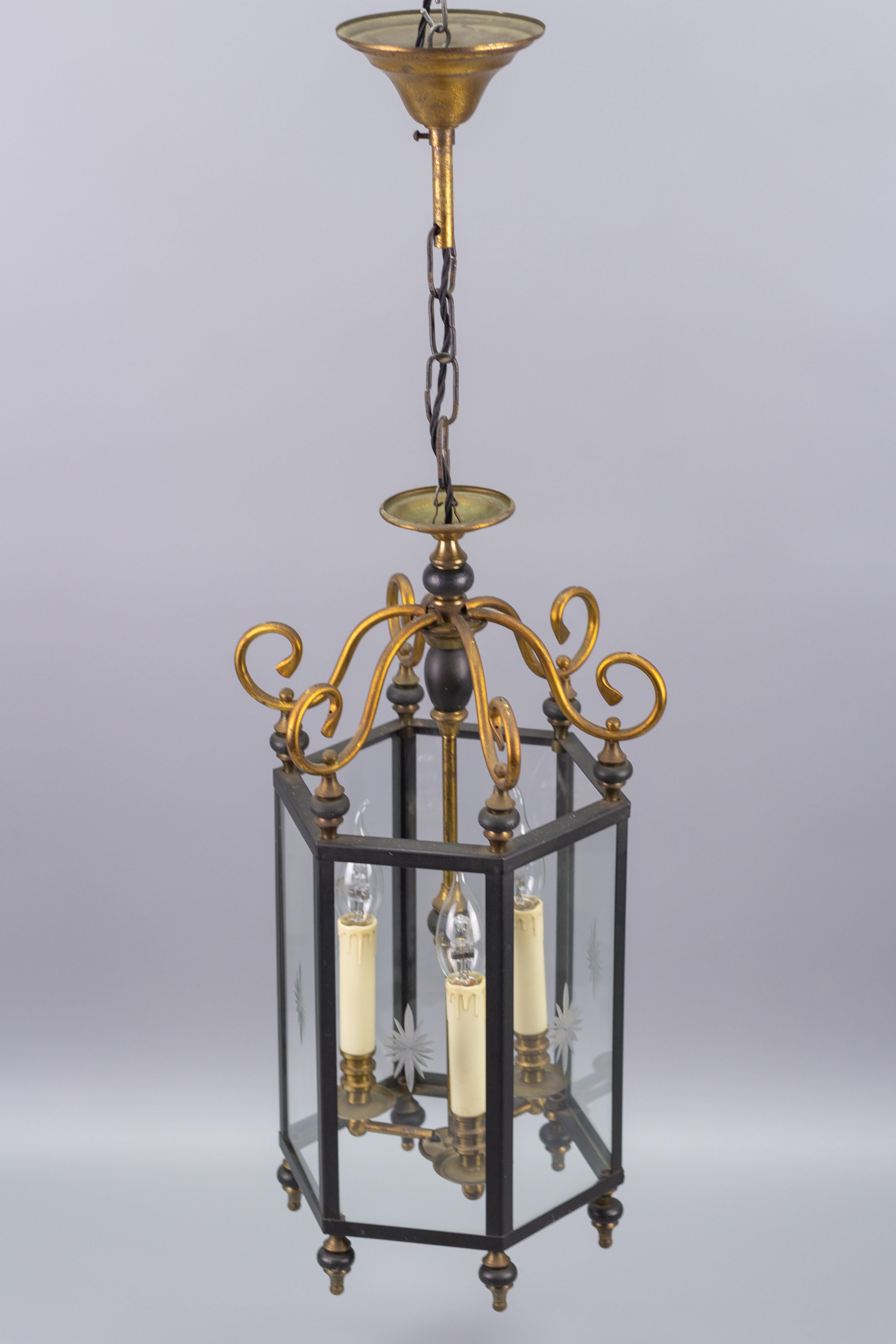 Neoclassical Style Brass and Glass Three-Light Hanging Hall Lantern 6