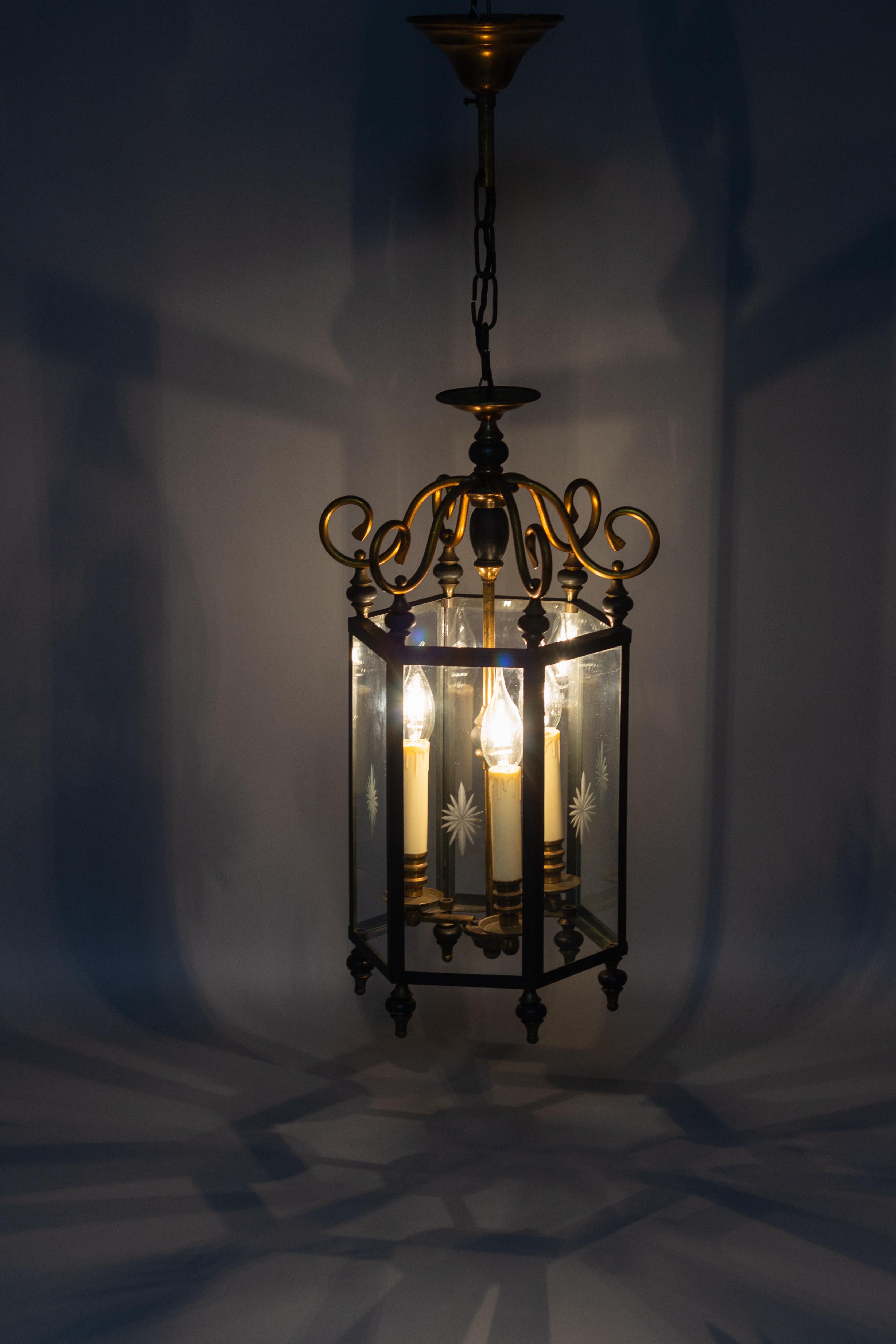 Neoclassical Style Brass and Glass Three-Light Hanging Hall Lantern 7