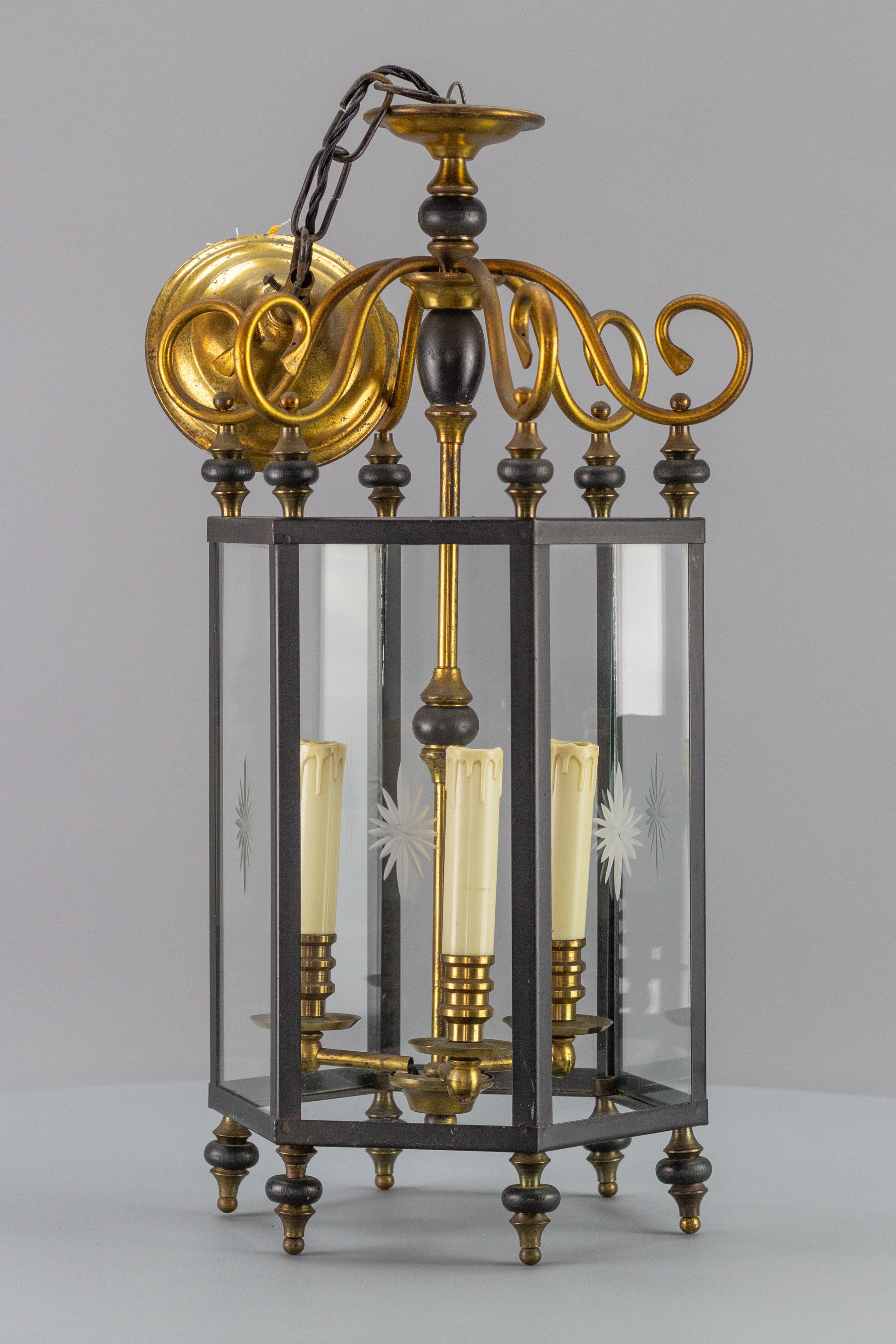 Neoclassical Style Brass and Glass Three-Light Hanging Hall Lantern 8