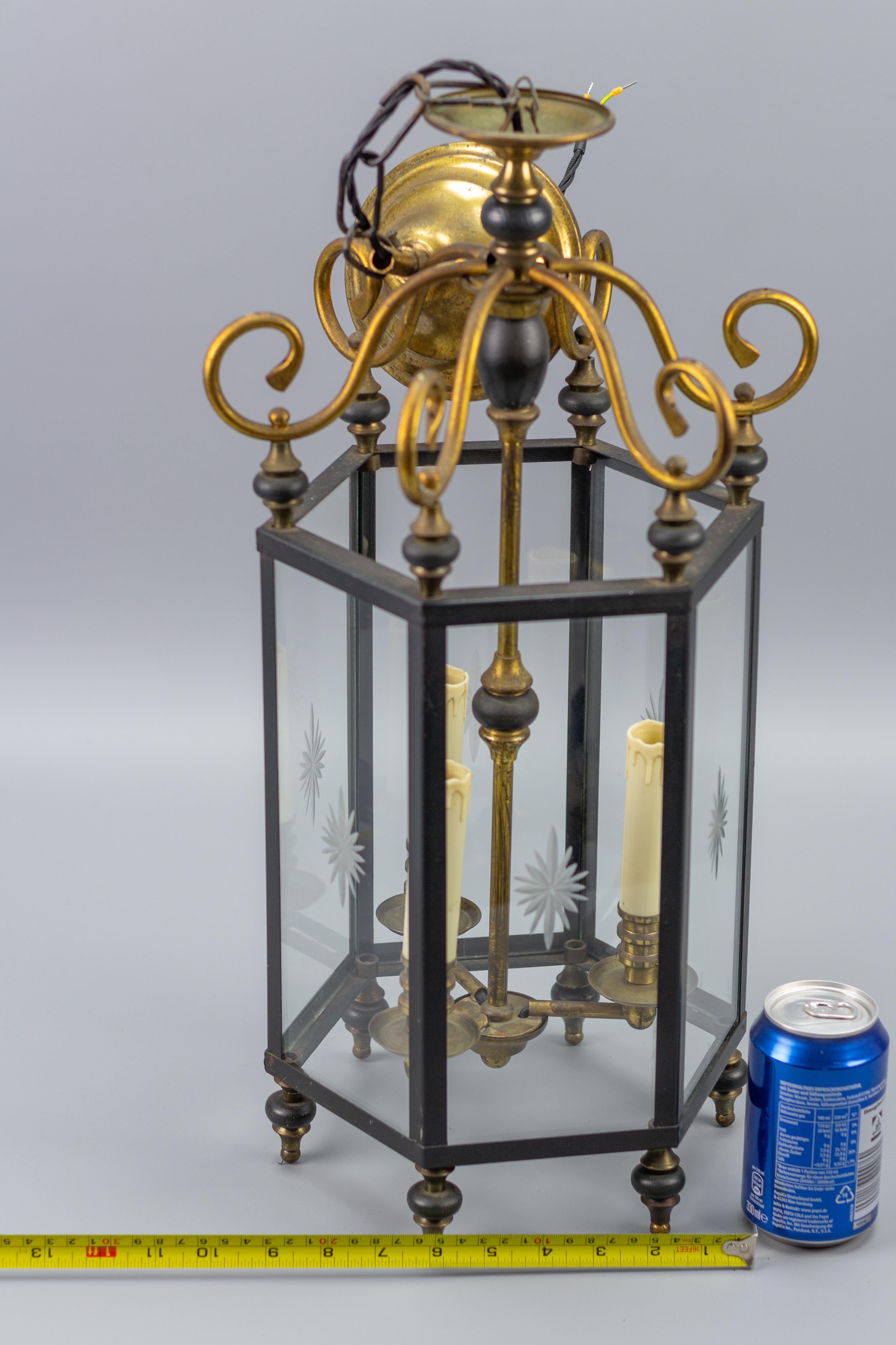 Neoclassical Style Brass and Glass Three-Light Hanging Hall Lantern 9