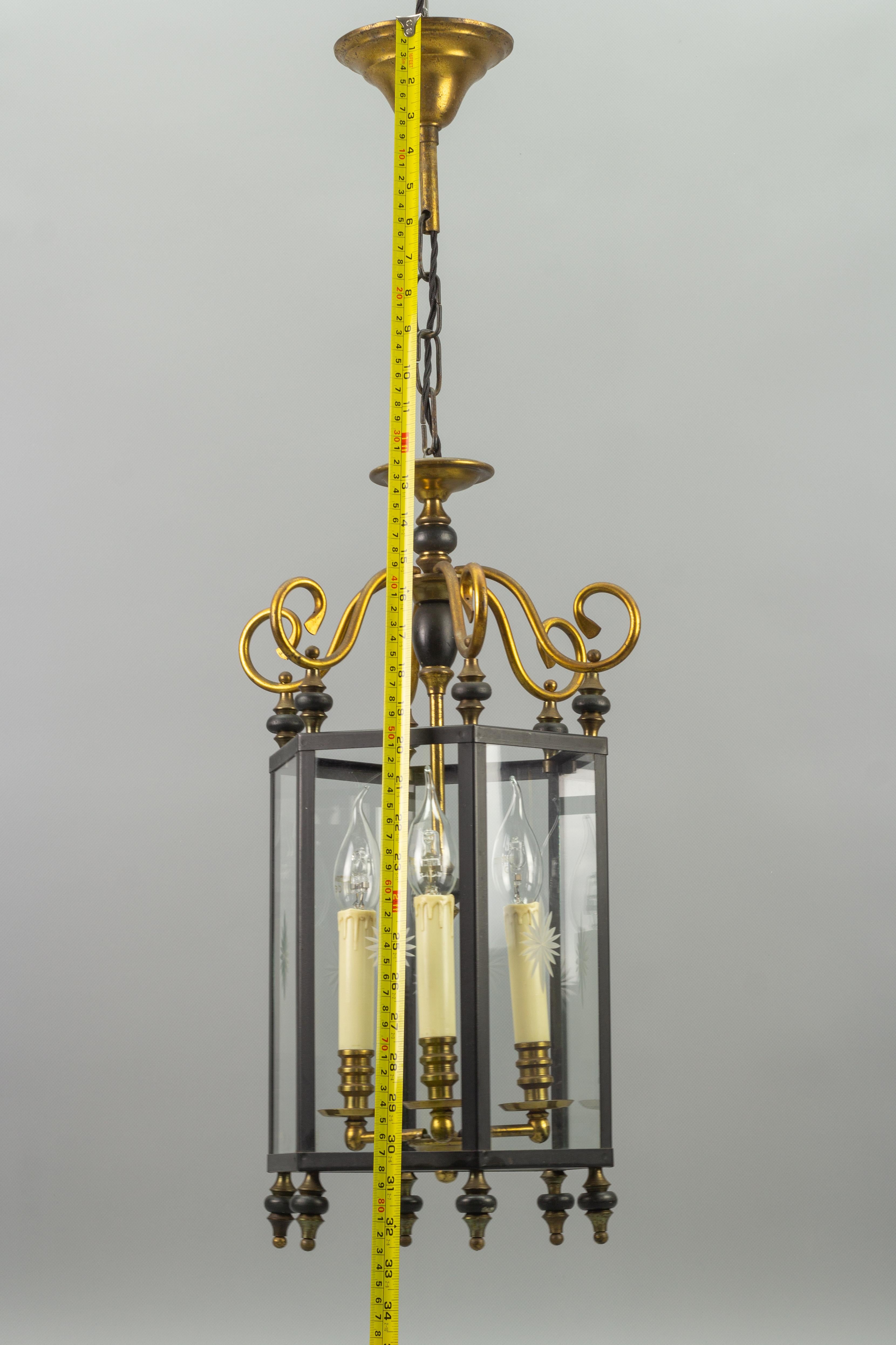 Neoclassical Style Brass and Glass Three-Light Hanging Hall Lantern 10