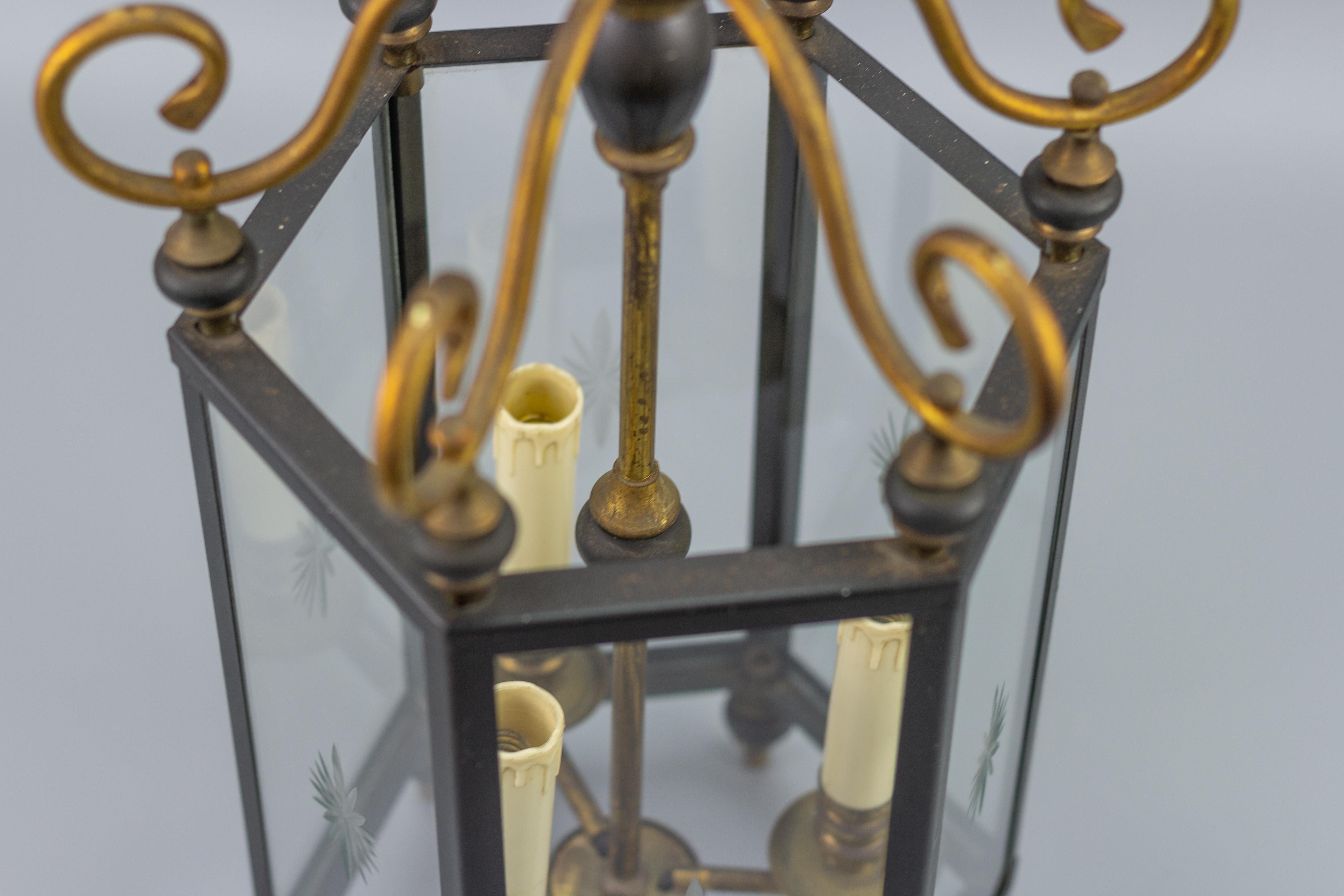 Neoclassical Style Brass and Glass Three-Light Hanging Hall Lantern 12