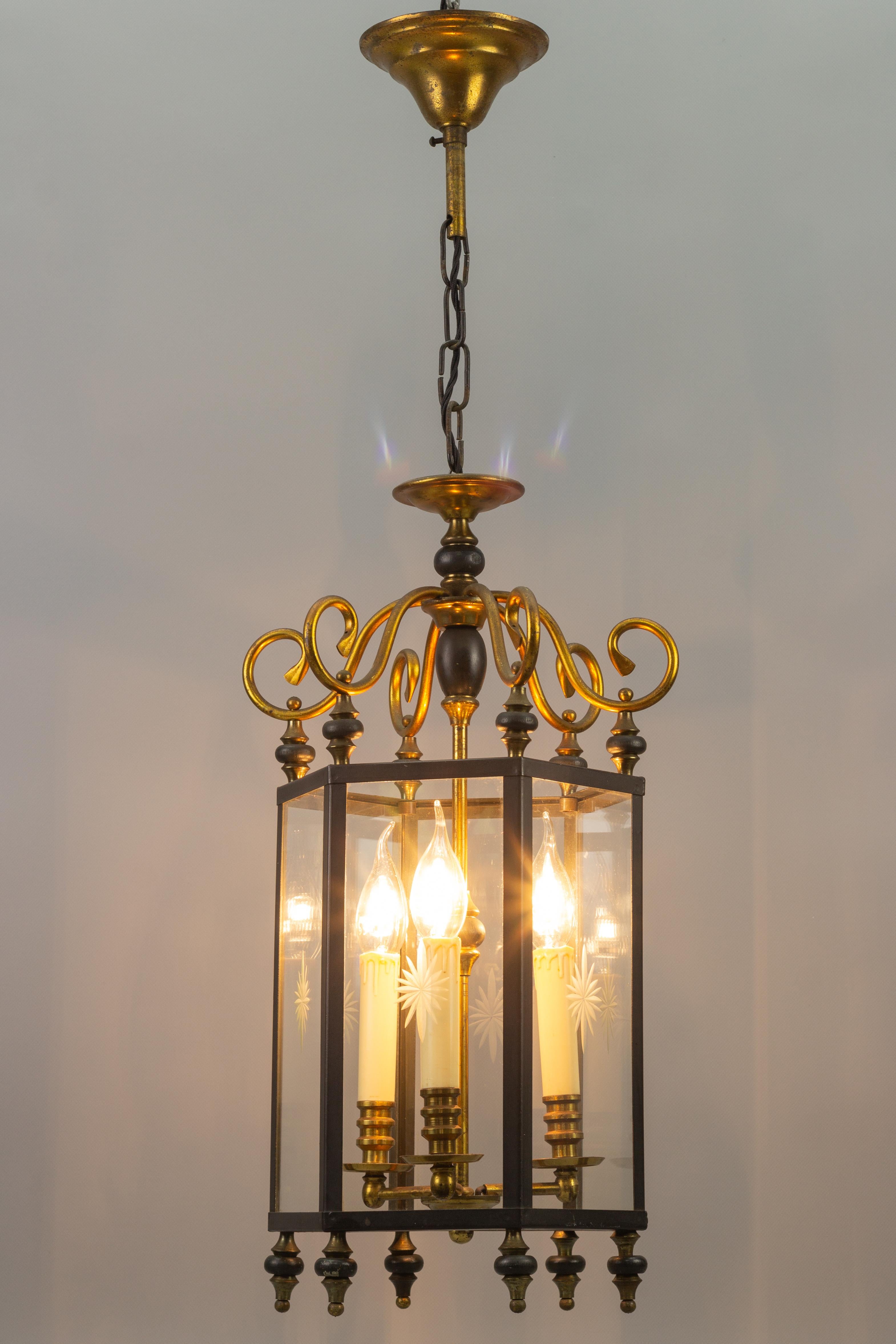 French Neoclassical Style Brass and Glass Three-Light Hanging Hall Lantern