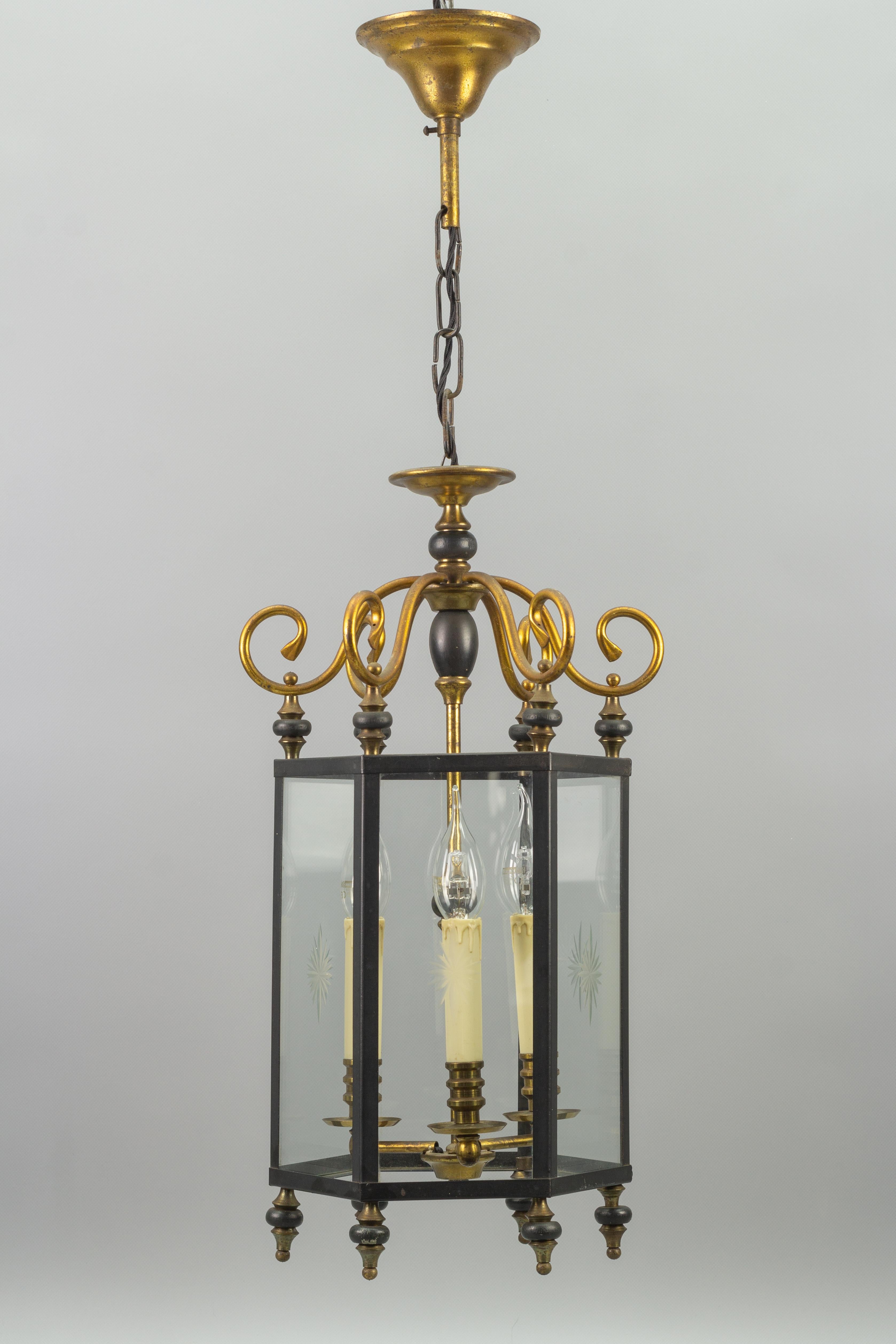 Mid-20th Century Neoclassical Style Brass and Glass Three-Light Hanging Hall Lantern