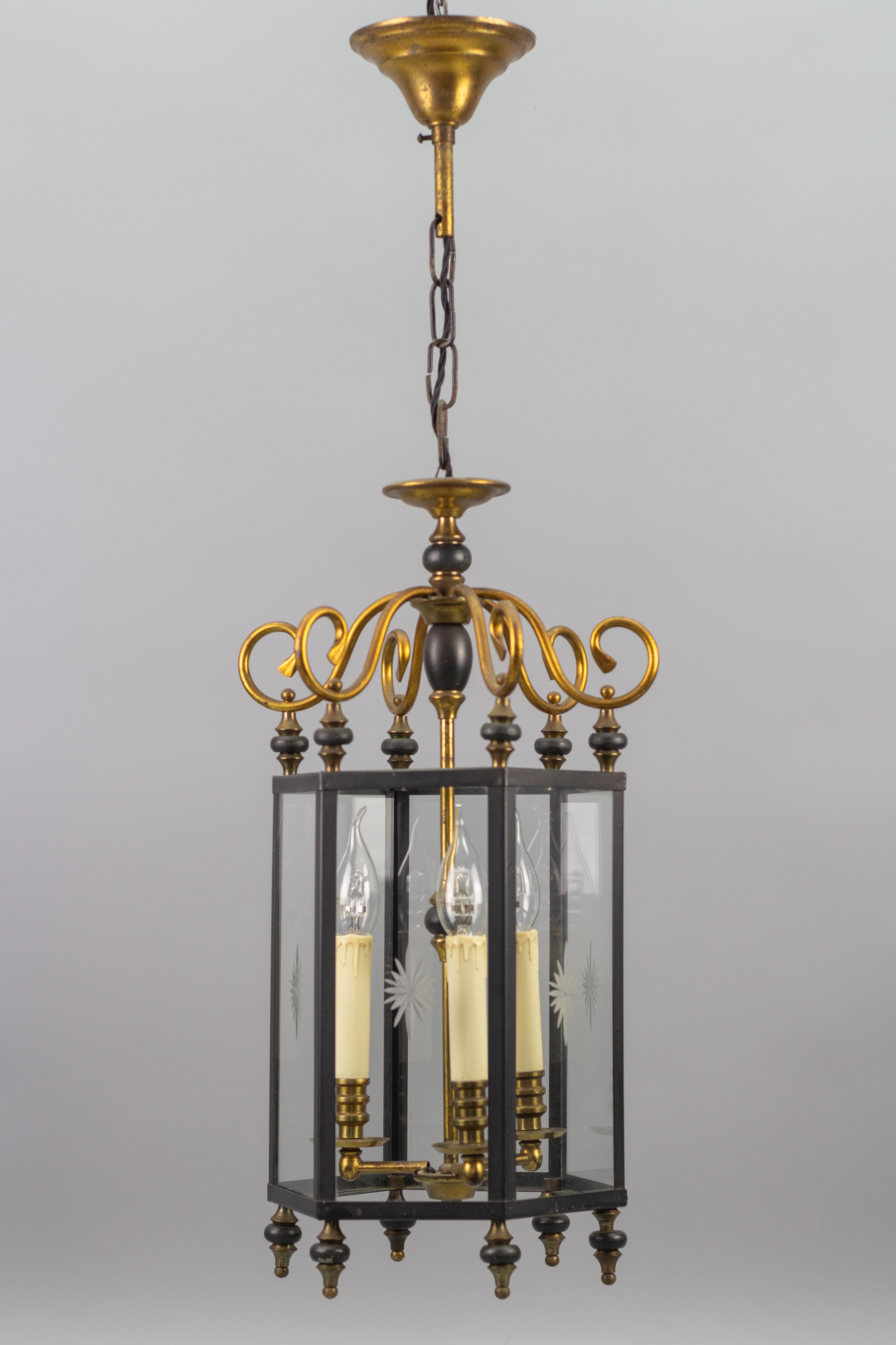 Metal Neoclassical Style Brass and Glass Three-Light Hanging Hall Lantern