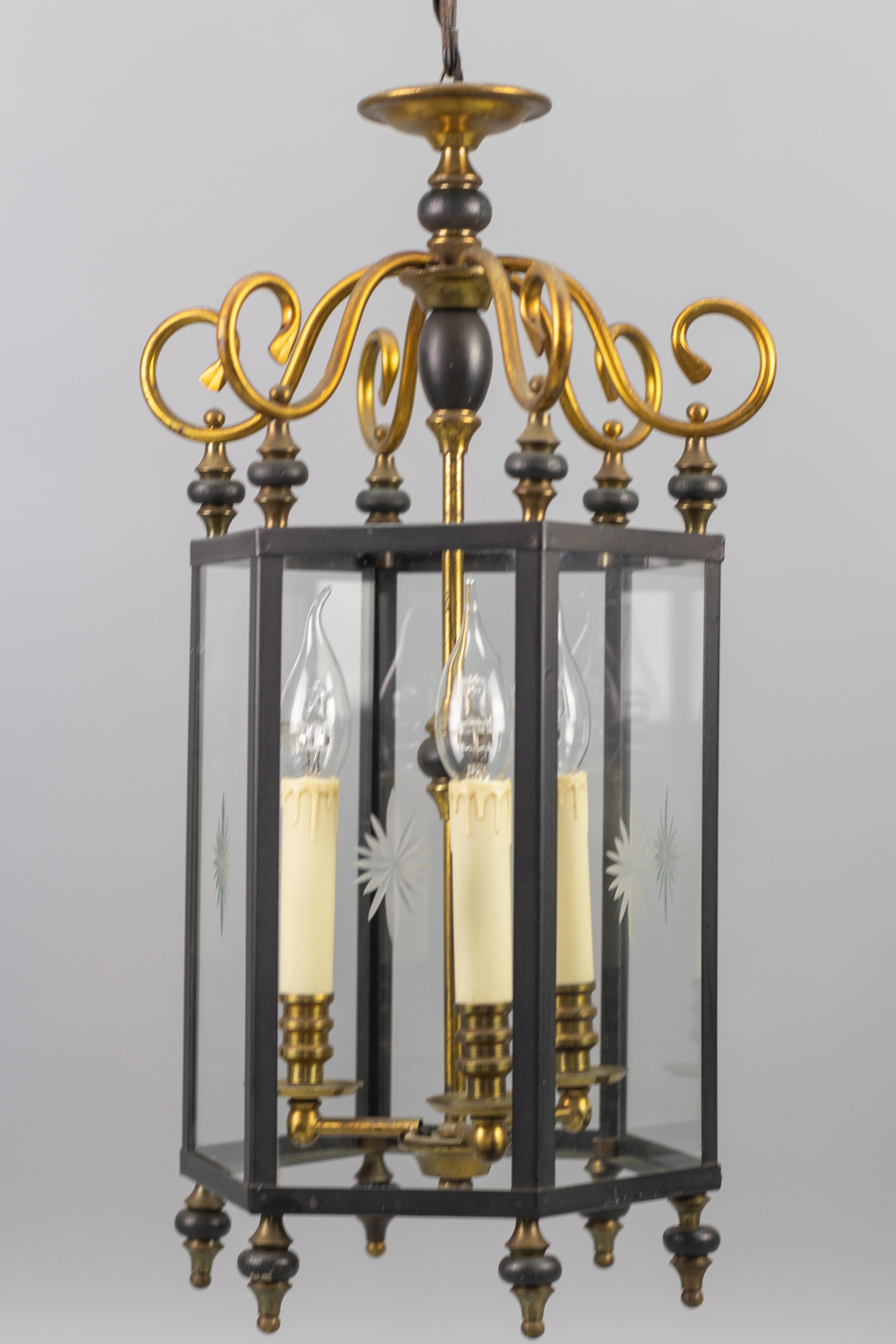 Neoclassical Style Brass and Glass Three-Light Hanging Hall Lantern 1