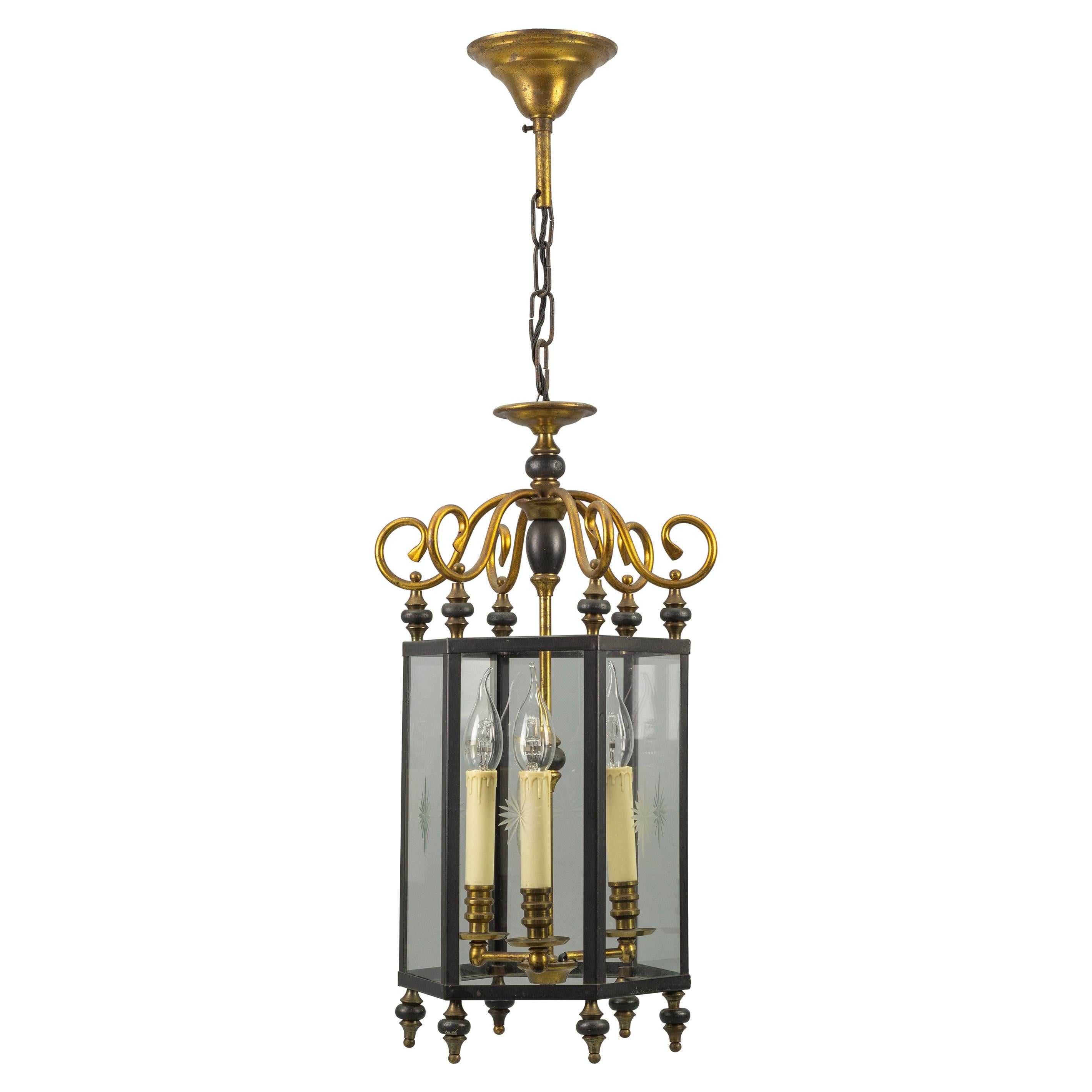 Neoclassical Style Brass and Glass Three-Light Hanging Hall Lantern