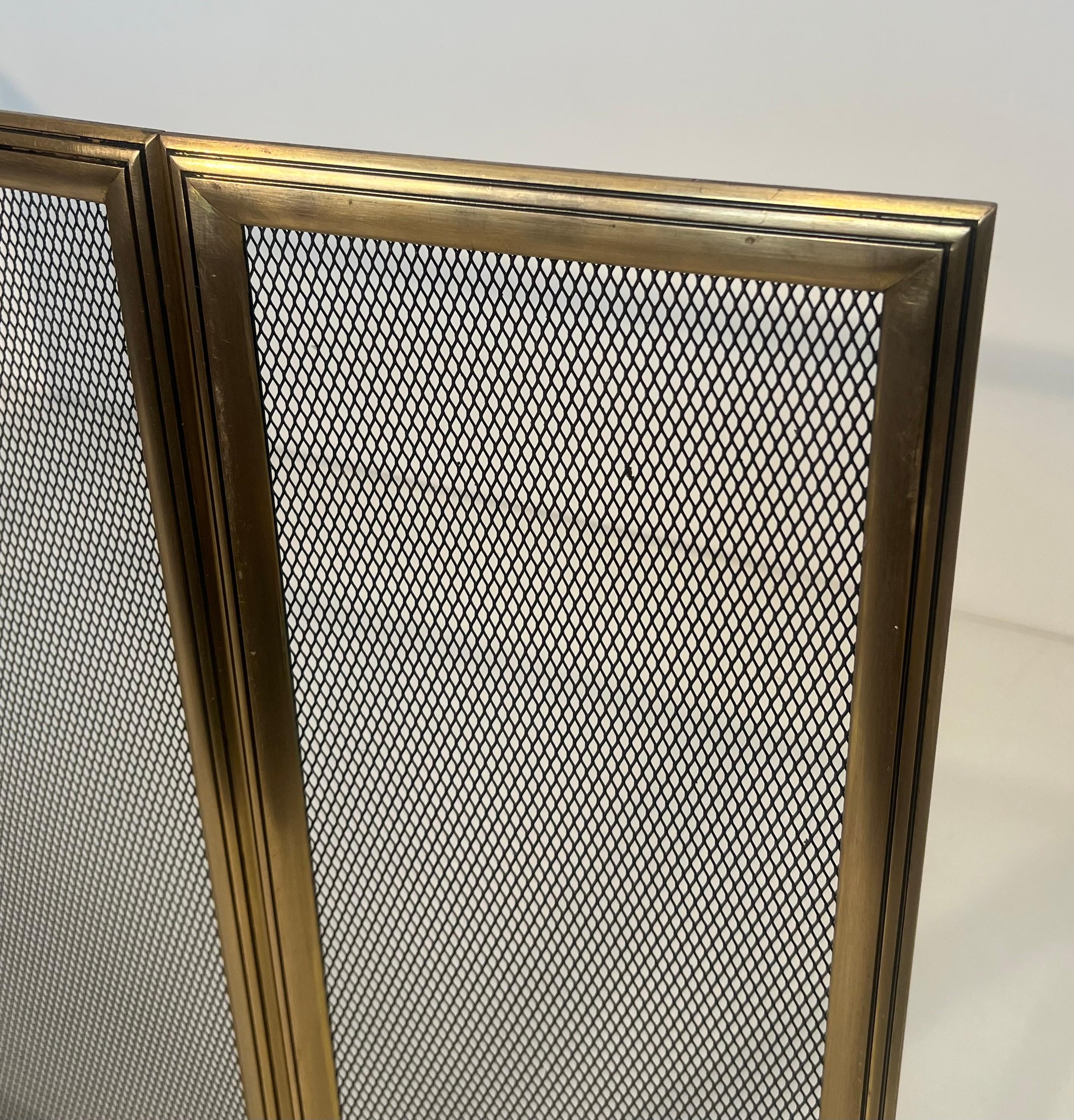 Neoclassical Style Brass and Grilling 3 Panels Fireplace Screen For Sale 2