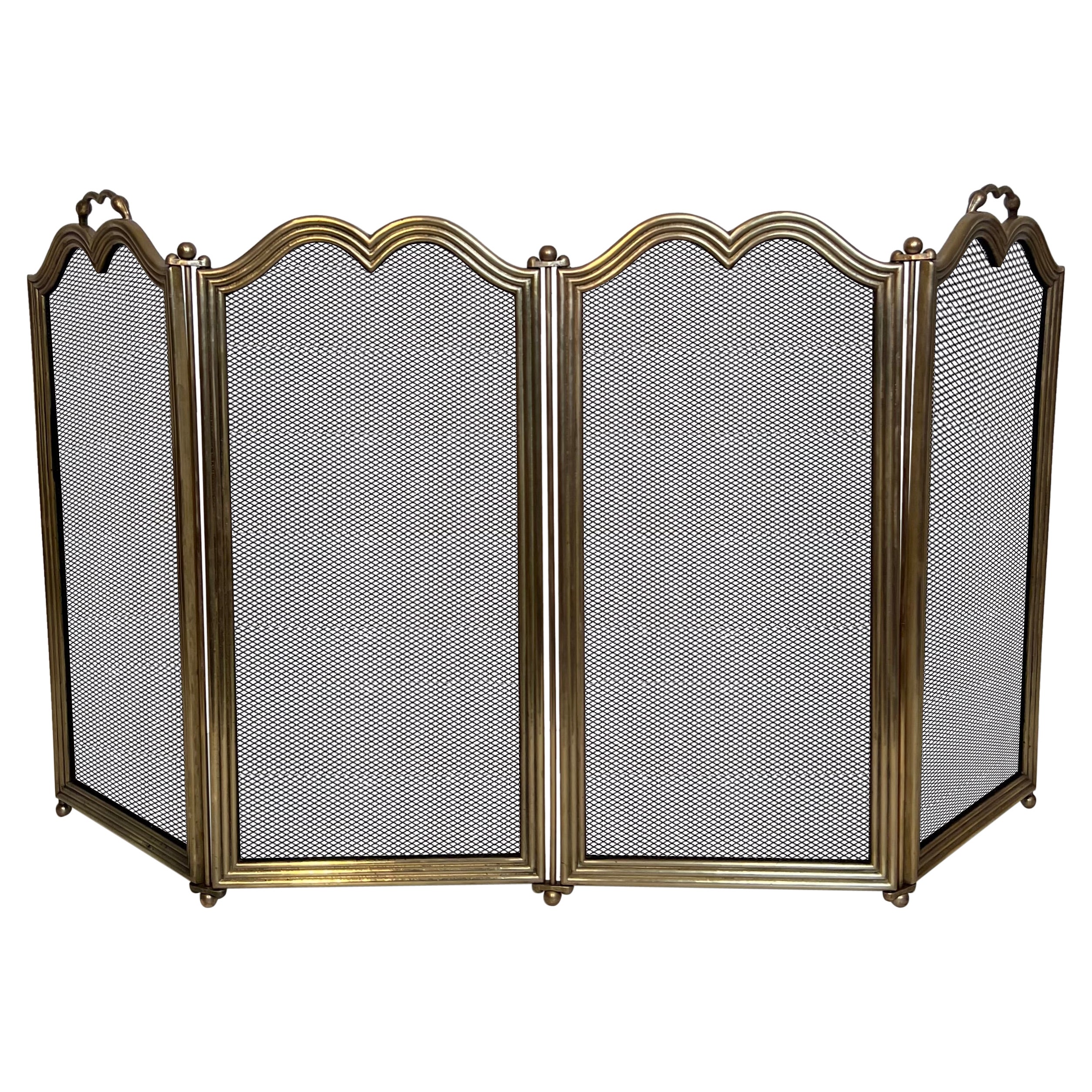 Neoclassical Style Brass and Grilling 4 Panels Fireplace Screen