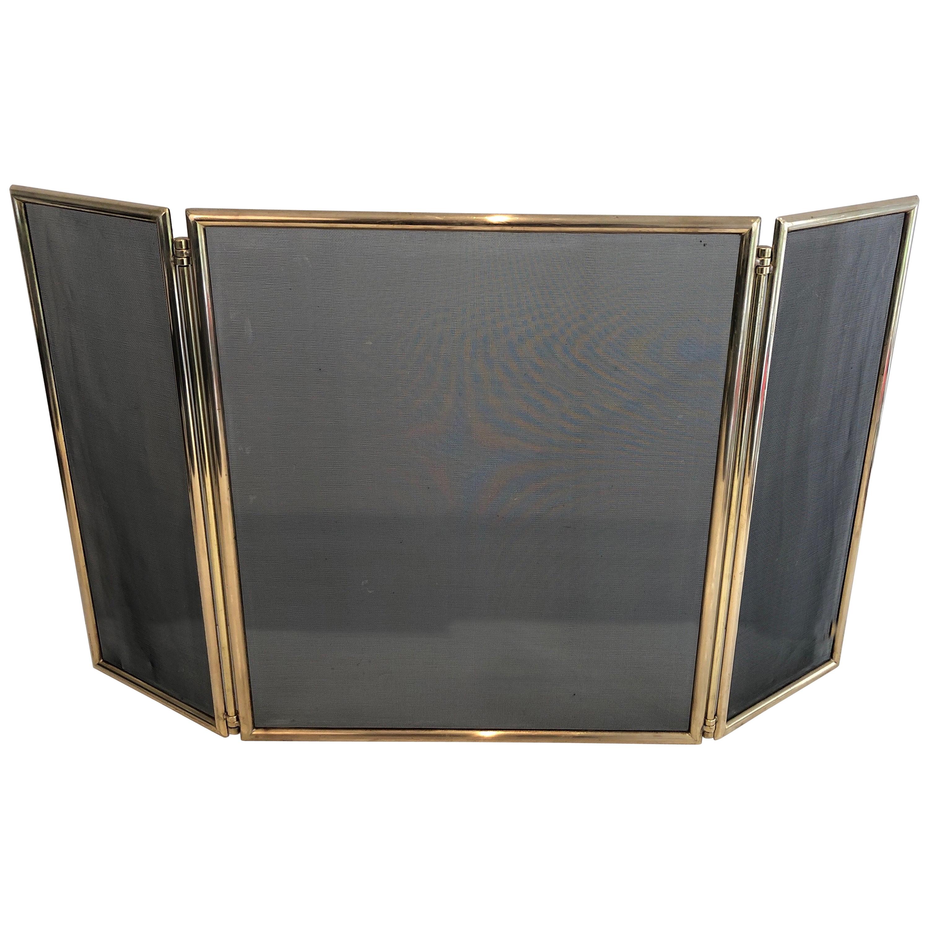 Neoclassical Style Brass and Grilling Folding Fireplace Screen, Circa 1970