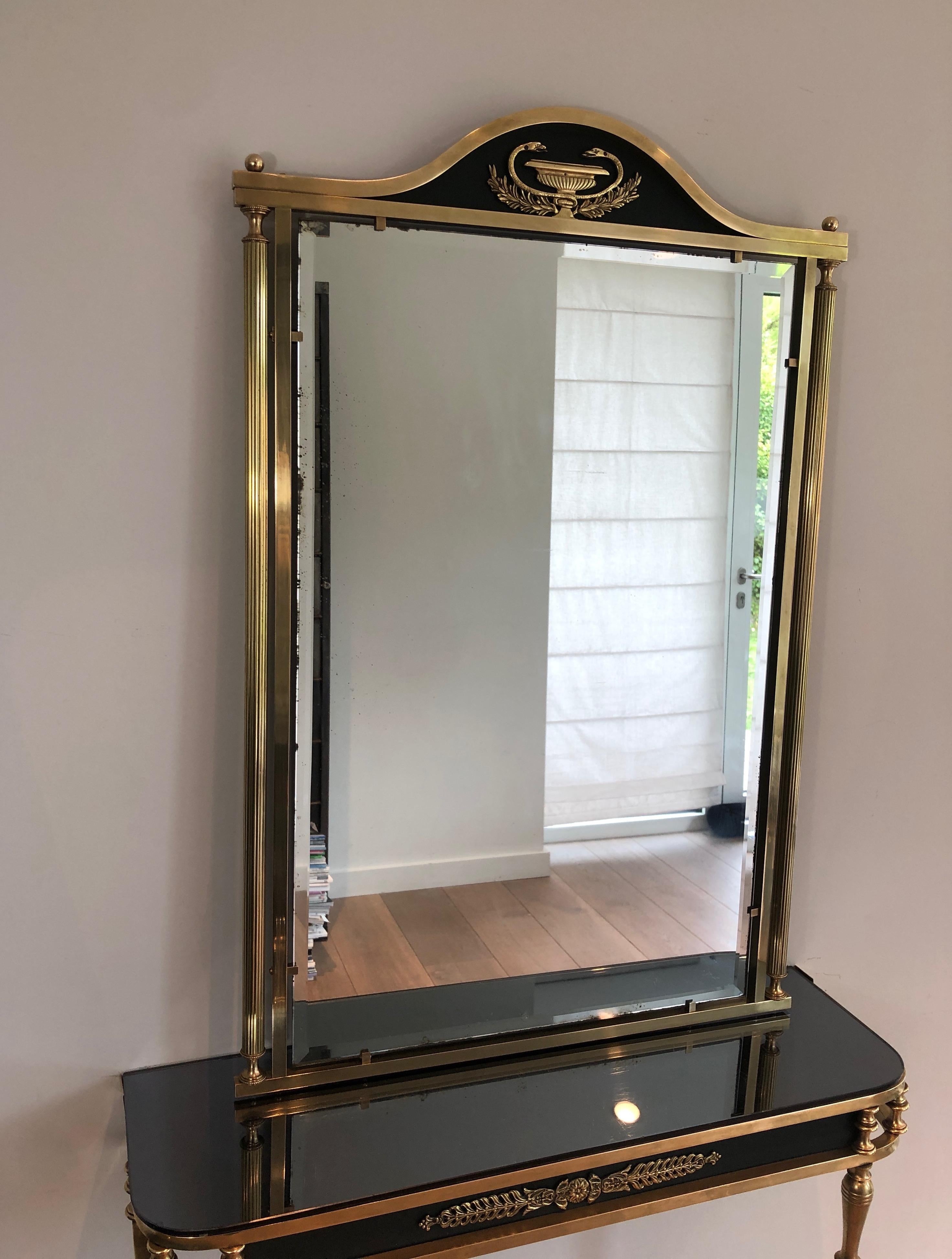 Empire Neoclassical Style Brass and Lacquered Metal Console and Mirror Decorated with P