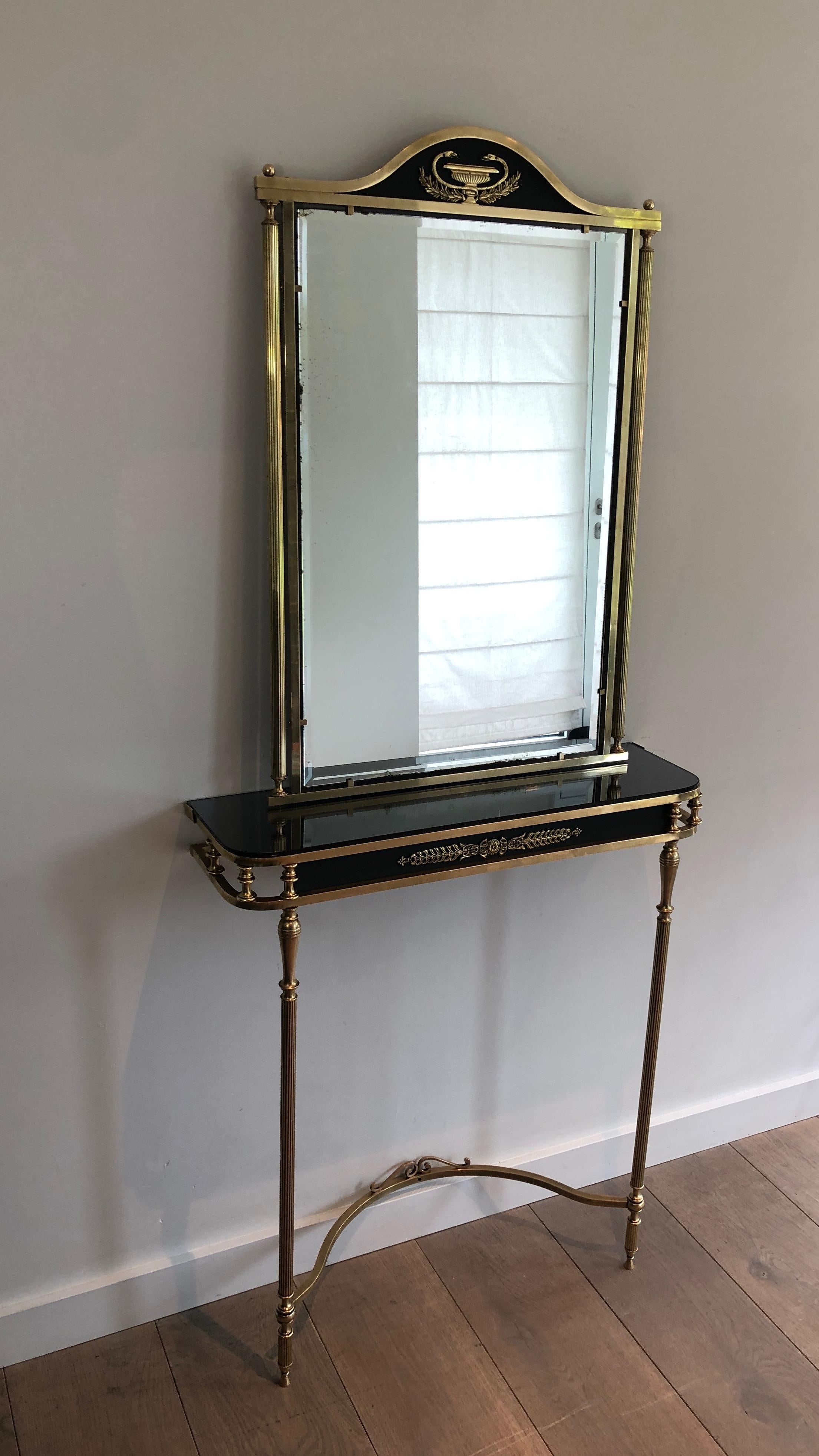 Neoclassical Style Brass and Lacquered Metal Console and Mirror Decorated with P 1
