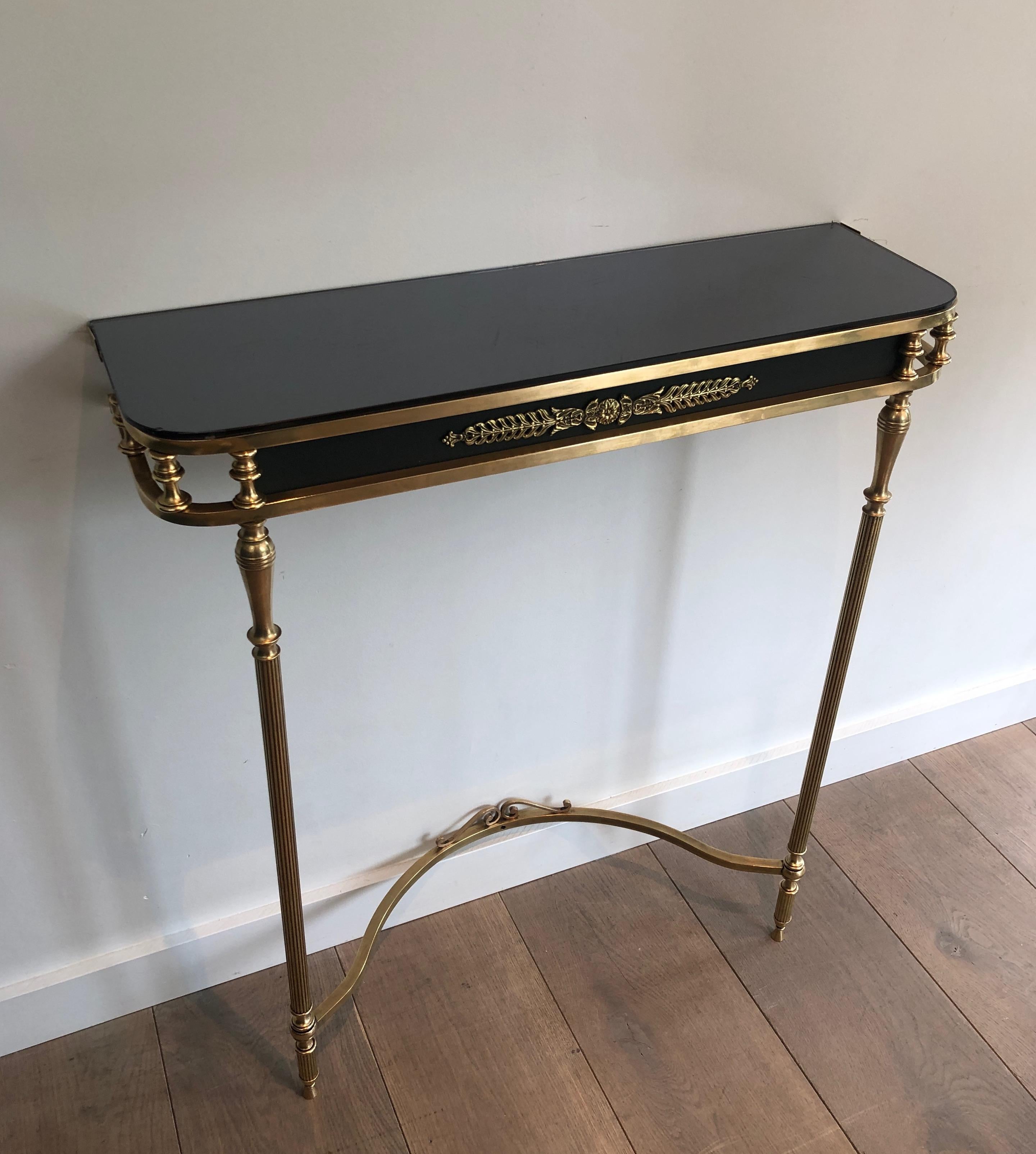 Neoclassical Style Brass and Lacquered Metal Console with Blueish Glass Decorate 7