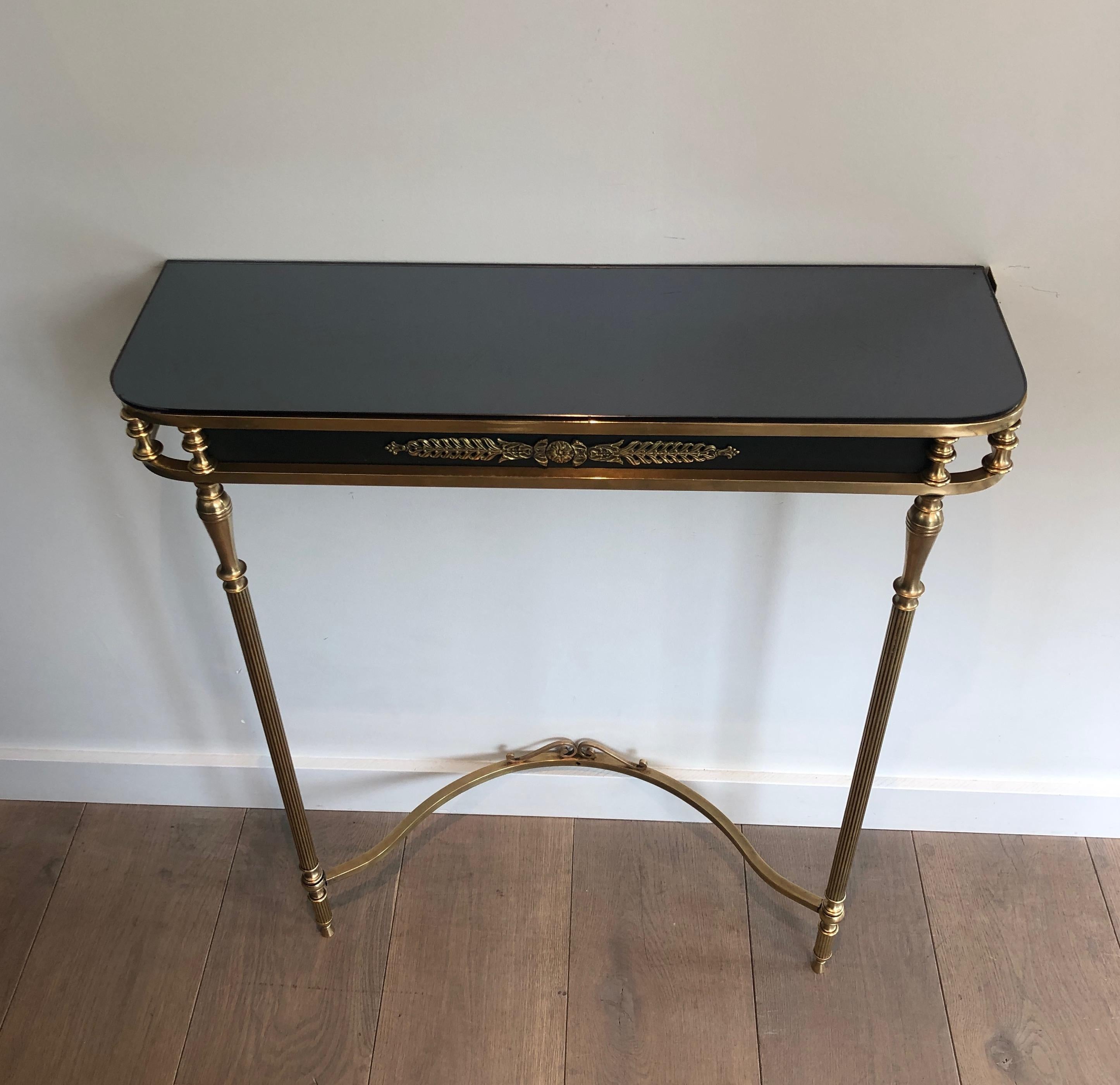 Neoclassical Style Brass and Lacquered Metal Console with Blueish Glass Decorate 13