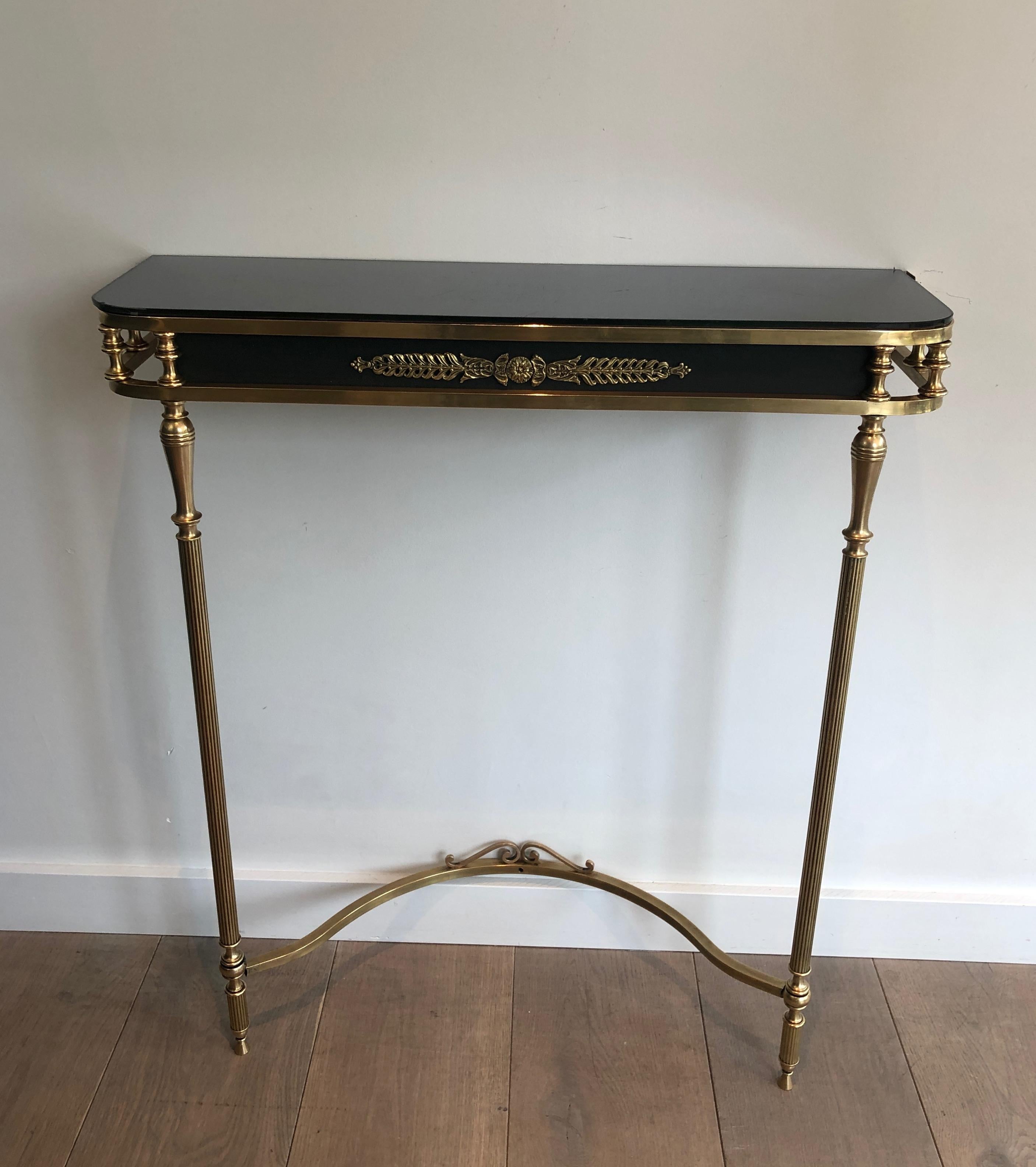 Neoclassical Style Brass and Lacquered Metal Console with Blueish Glass Decorate 14
