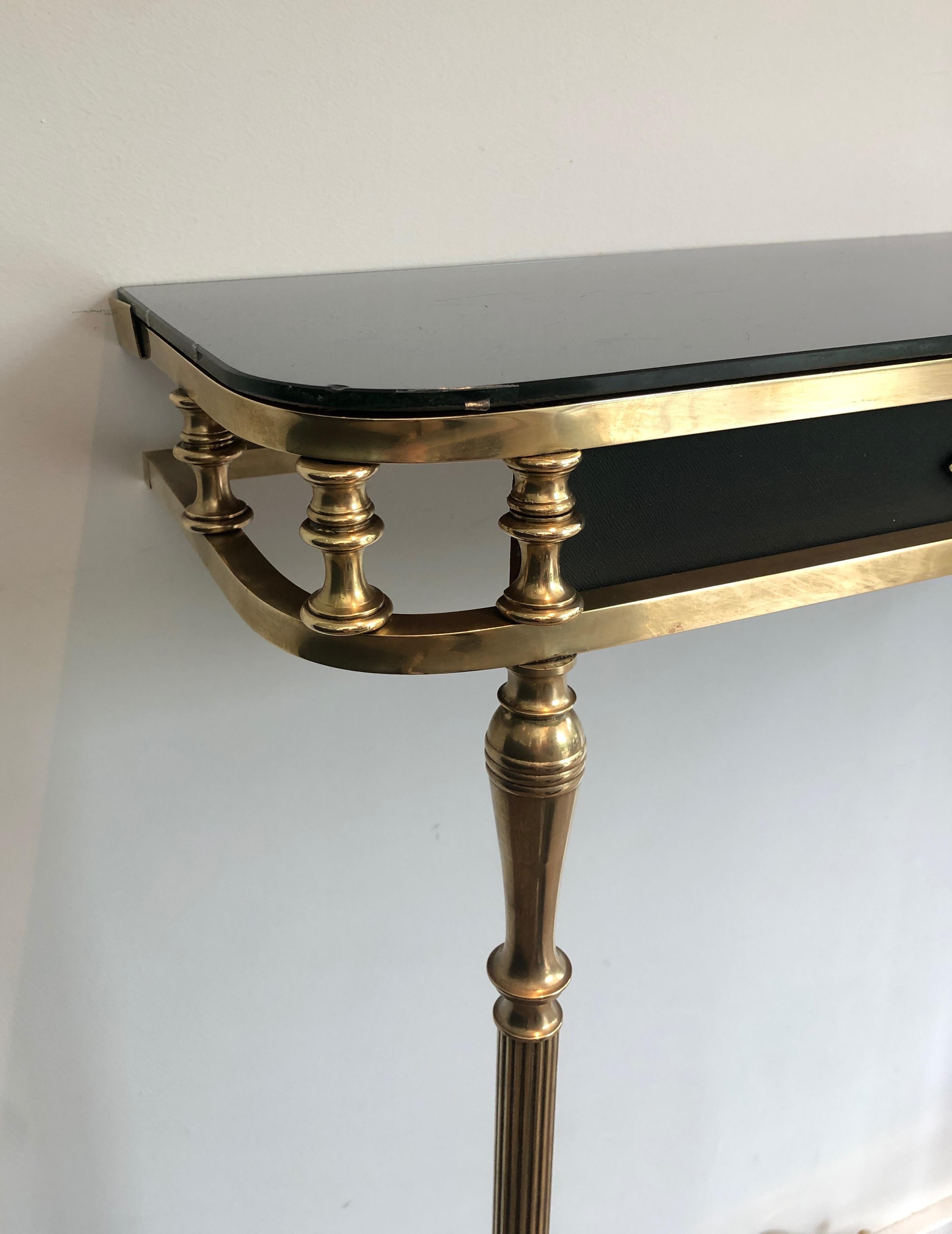 French Neoclassical Style Brass and Lacquered Metal Console with Blueish Glass Decorate