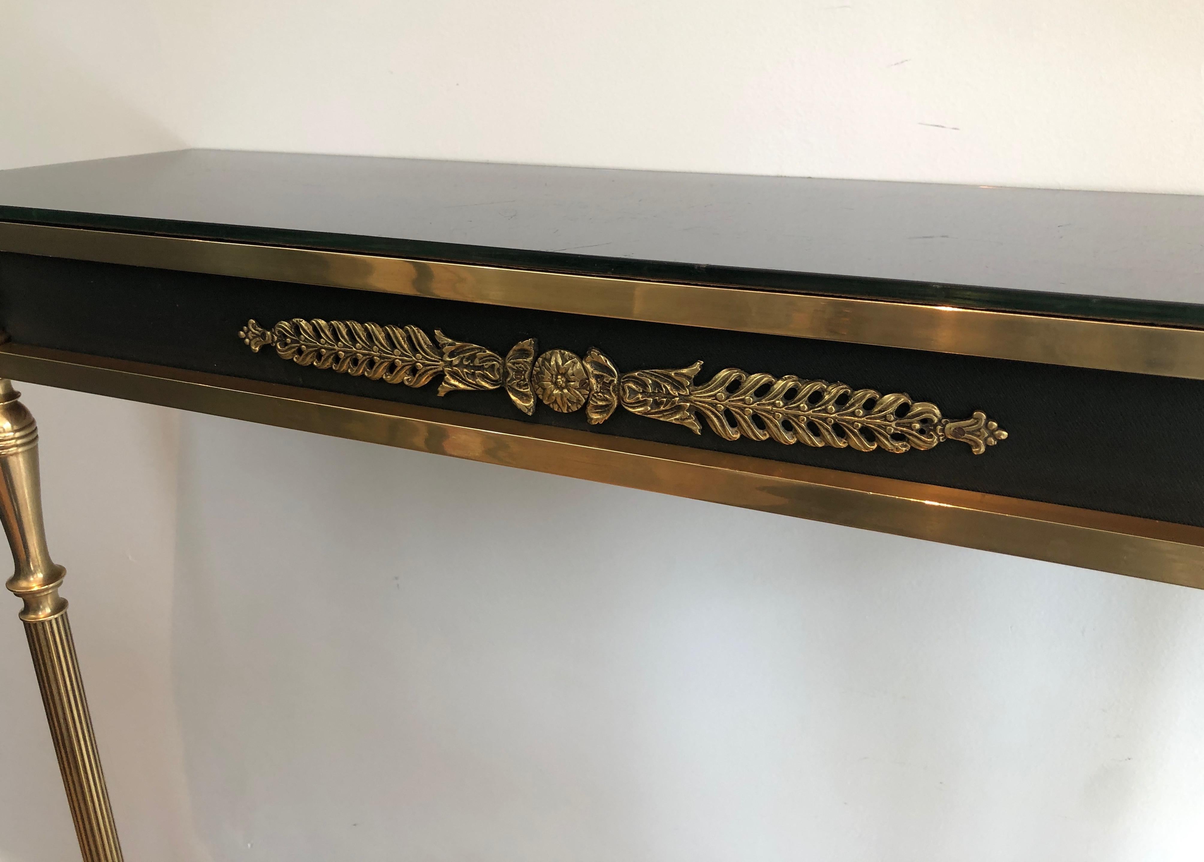 Neoclassical Style Brass and Lacquered Metal Console with Blueish Glass Decorate In Good Condition In Marcq-en-Barœul, Hauts-de-France
