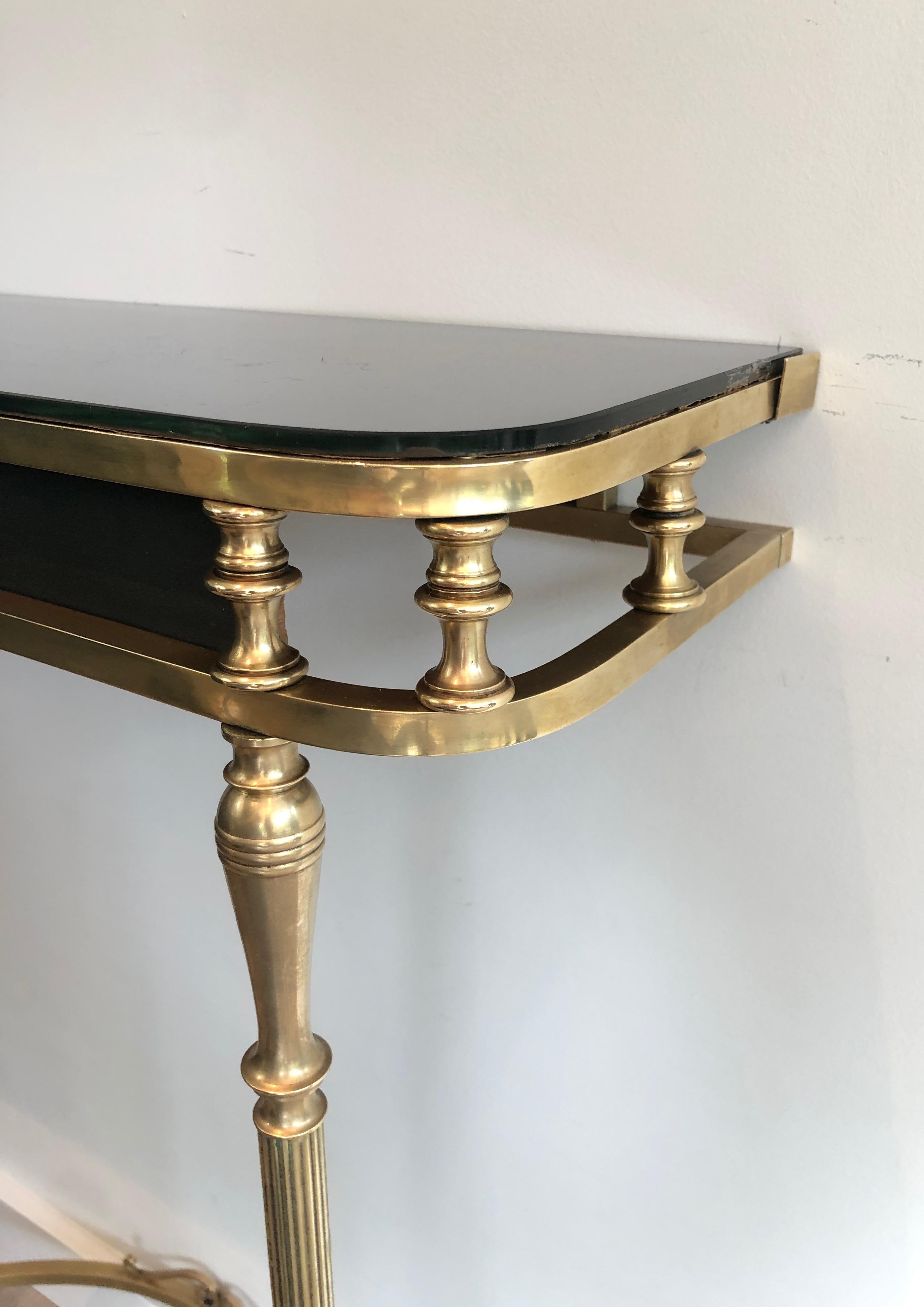 Neoclassical Style Brass and Lacquered Metal Console with Blueish Glass Decorate 1
