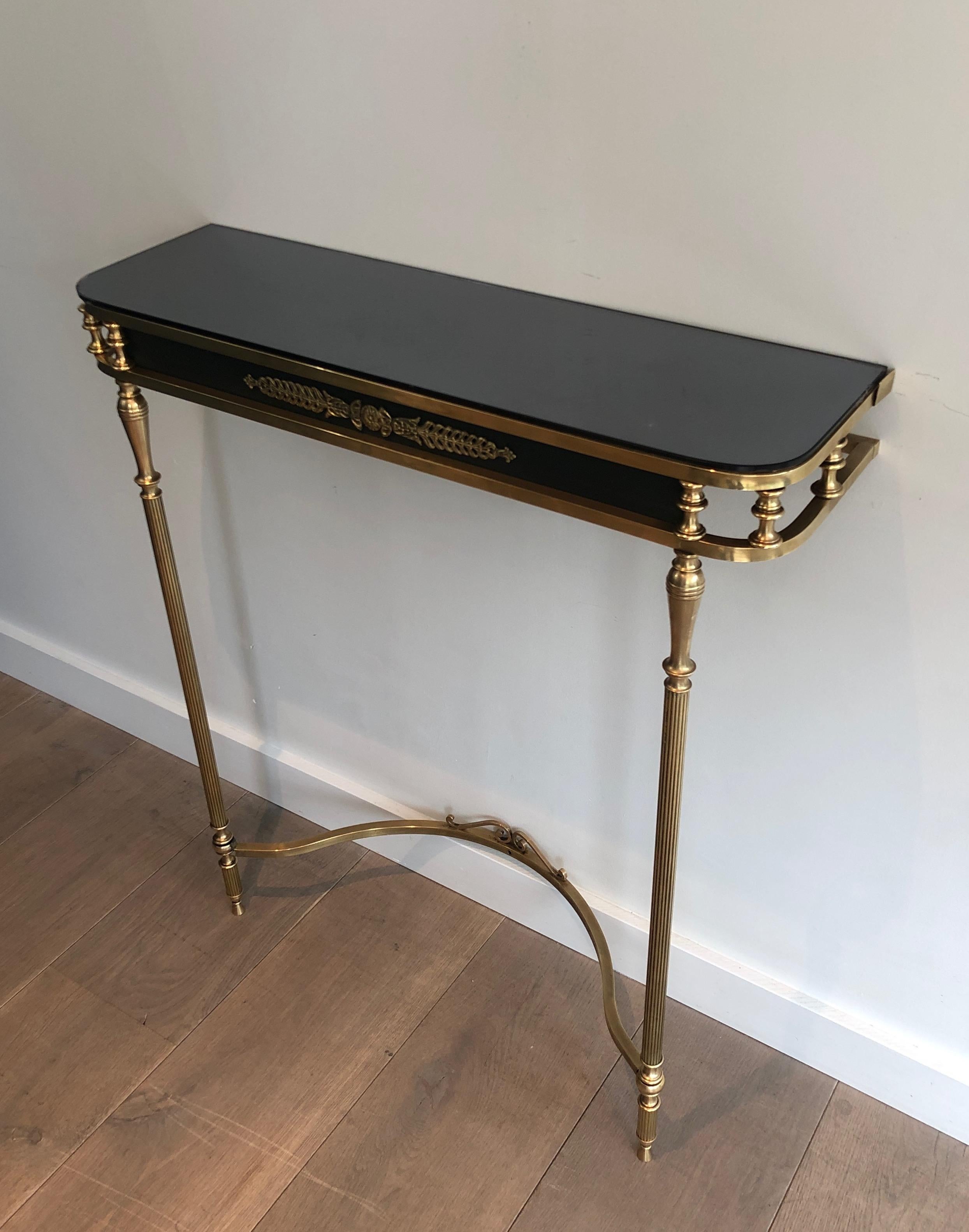 Neoclassical Style Brass and Lacquered Metal Console with Blueish Glass Decorate 3