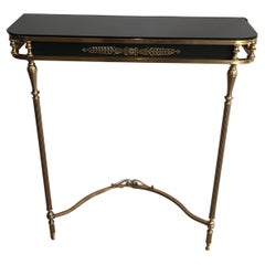 Neoclassical Style Brass and Lacquered Metal Console with Blueish Glass Decorate