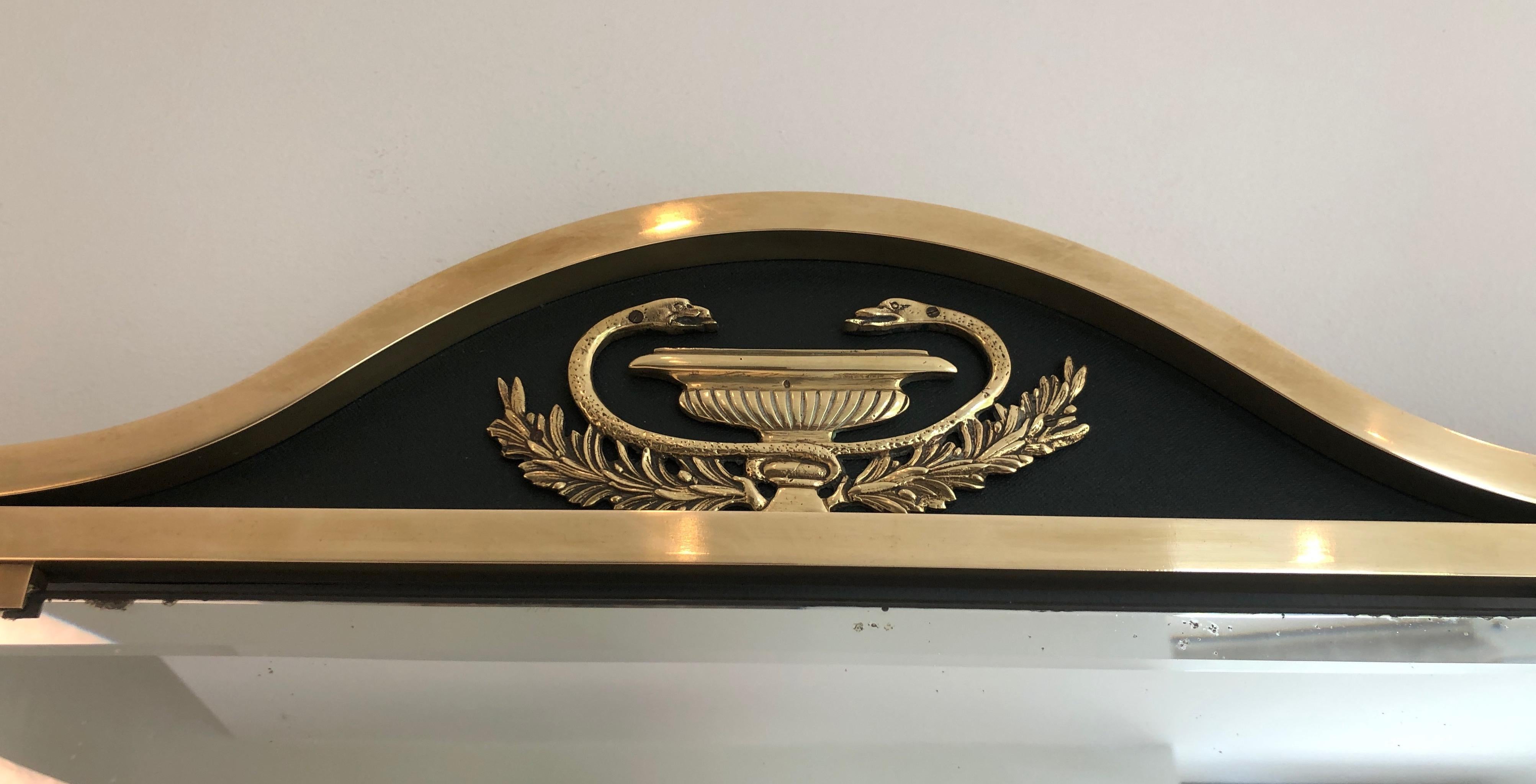 Empire Neoclassical Style Brass and Lacquered Metal Mirror with Cup and Swan Necks. For Sale