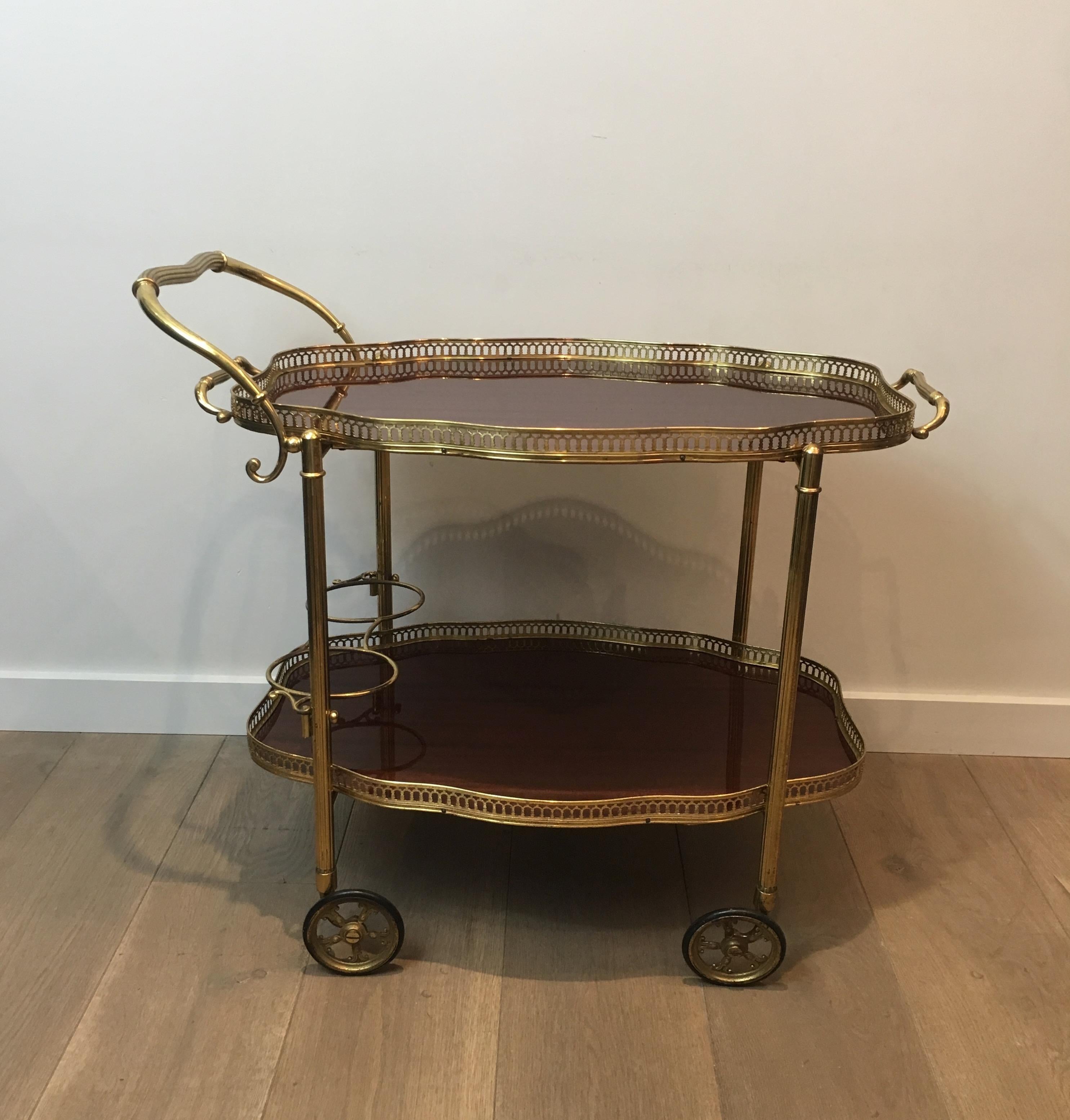 French Neoclassical Style Brass and Mahogany Bar Cart with Removable Trays