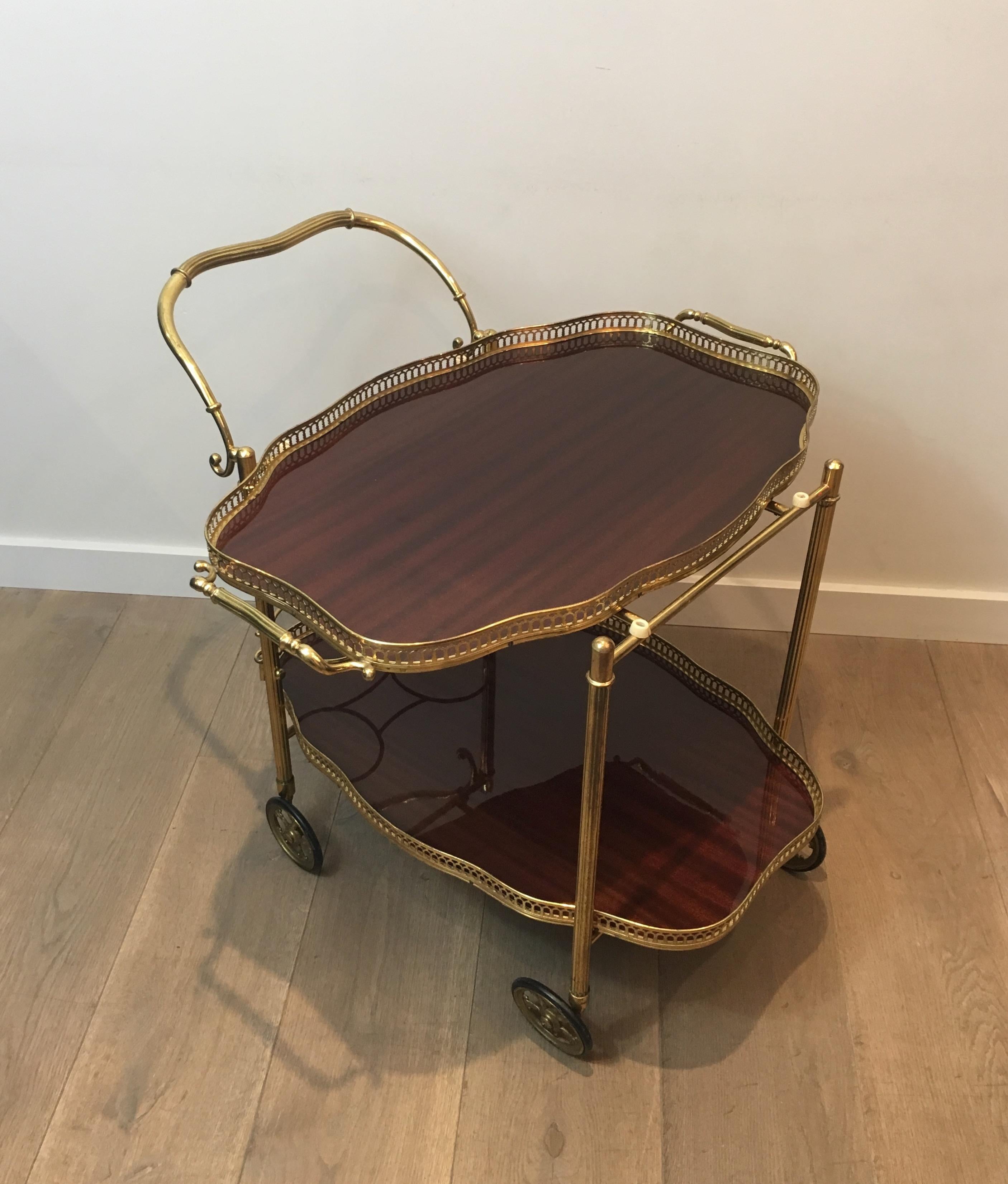 Late 20th Century Neoclassical Style Brass and Mahogany Bar Cart with Removable Trays