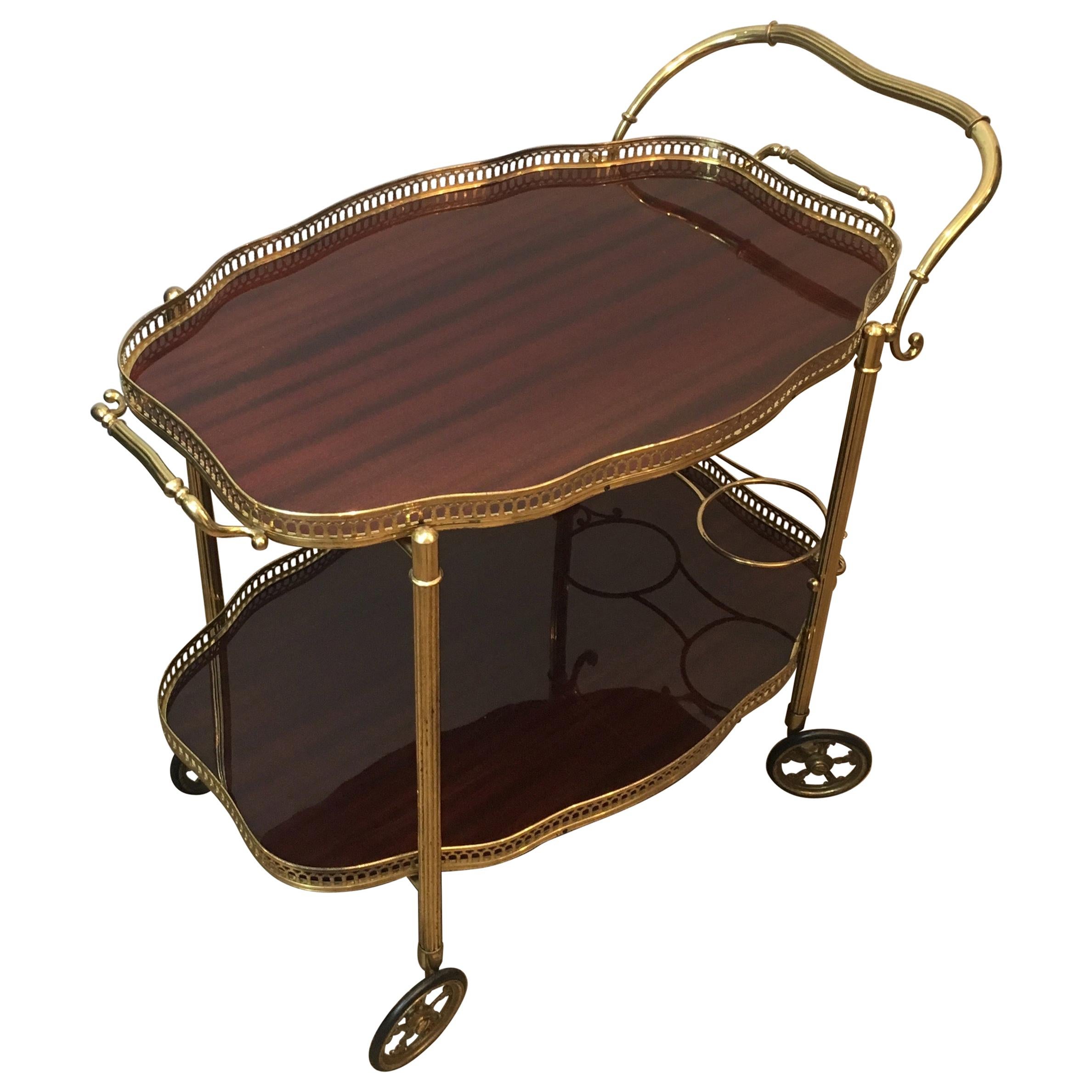 Neoclassical Style Brass and Mahogany Bar Cart with Removable Trays