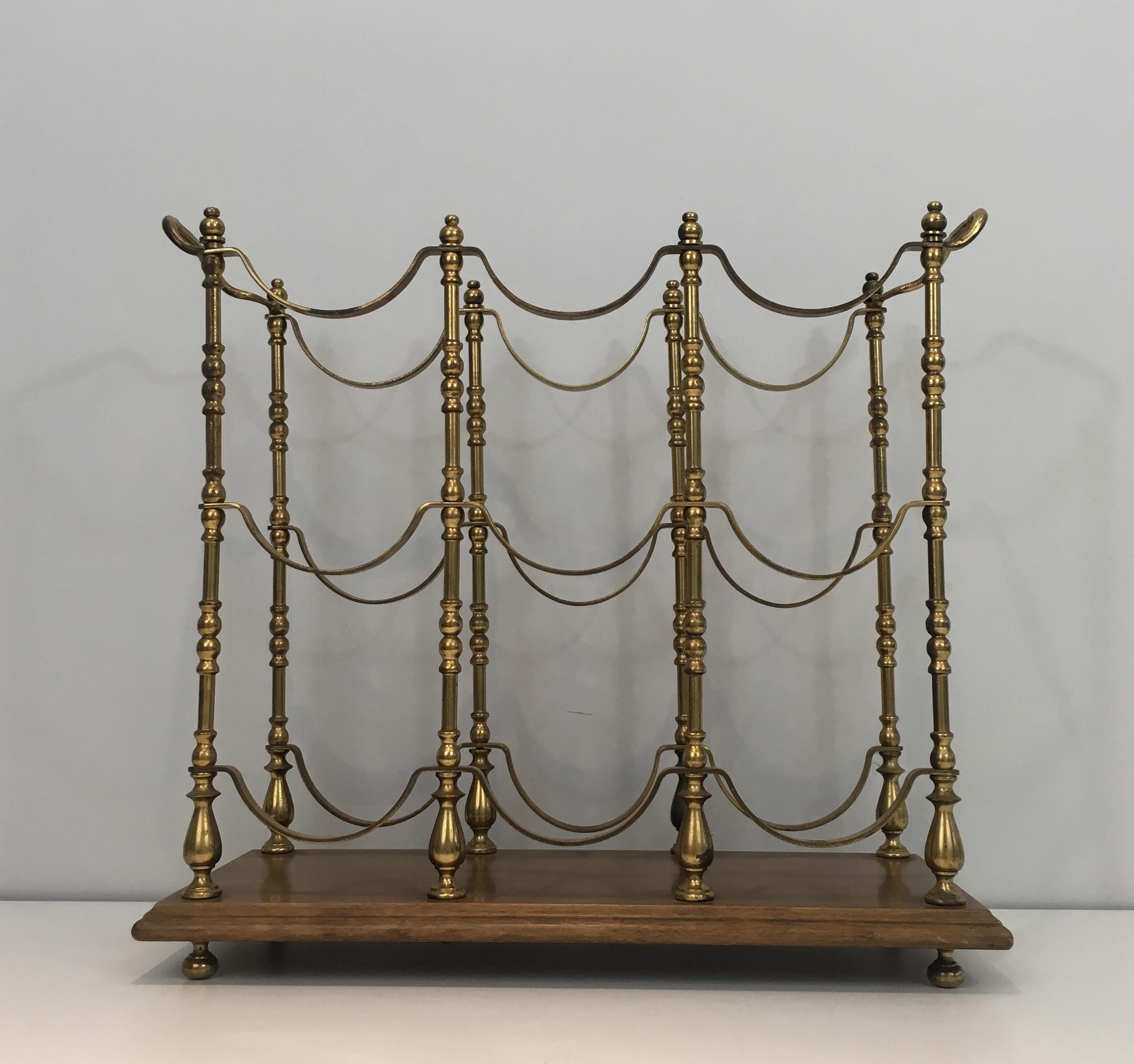 Neoclassical Style Brass and Wood Bottles Rack, French, circa 1960 14