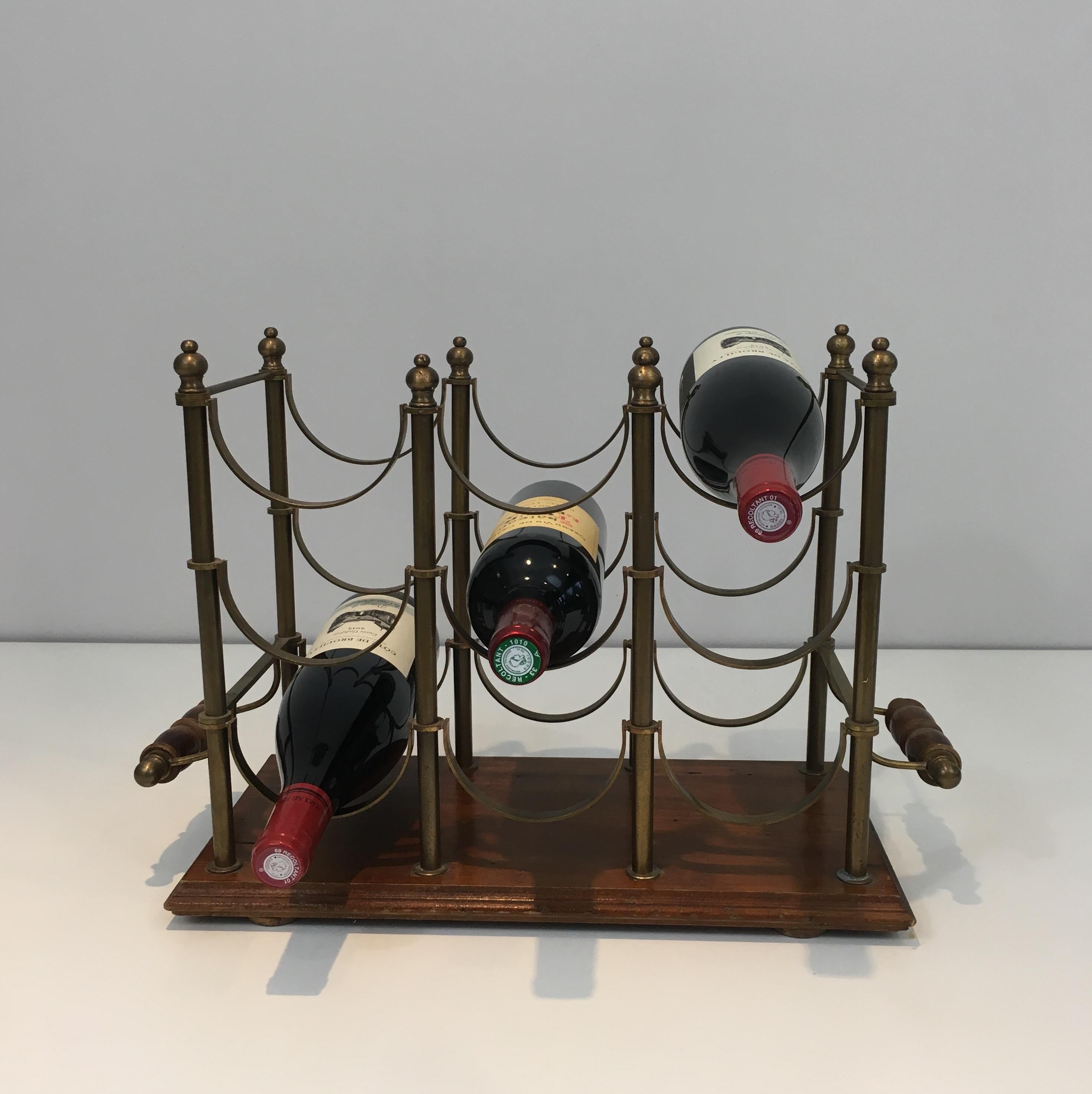 Late 20th Century Neoclassical Style Brass and Wood Bottles Rack, French, circa 1970