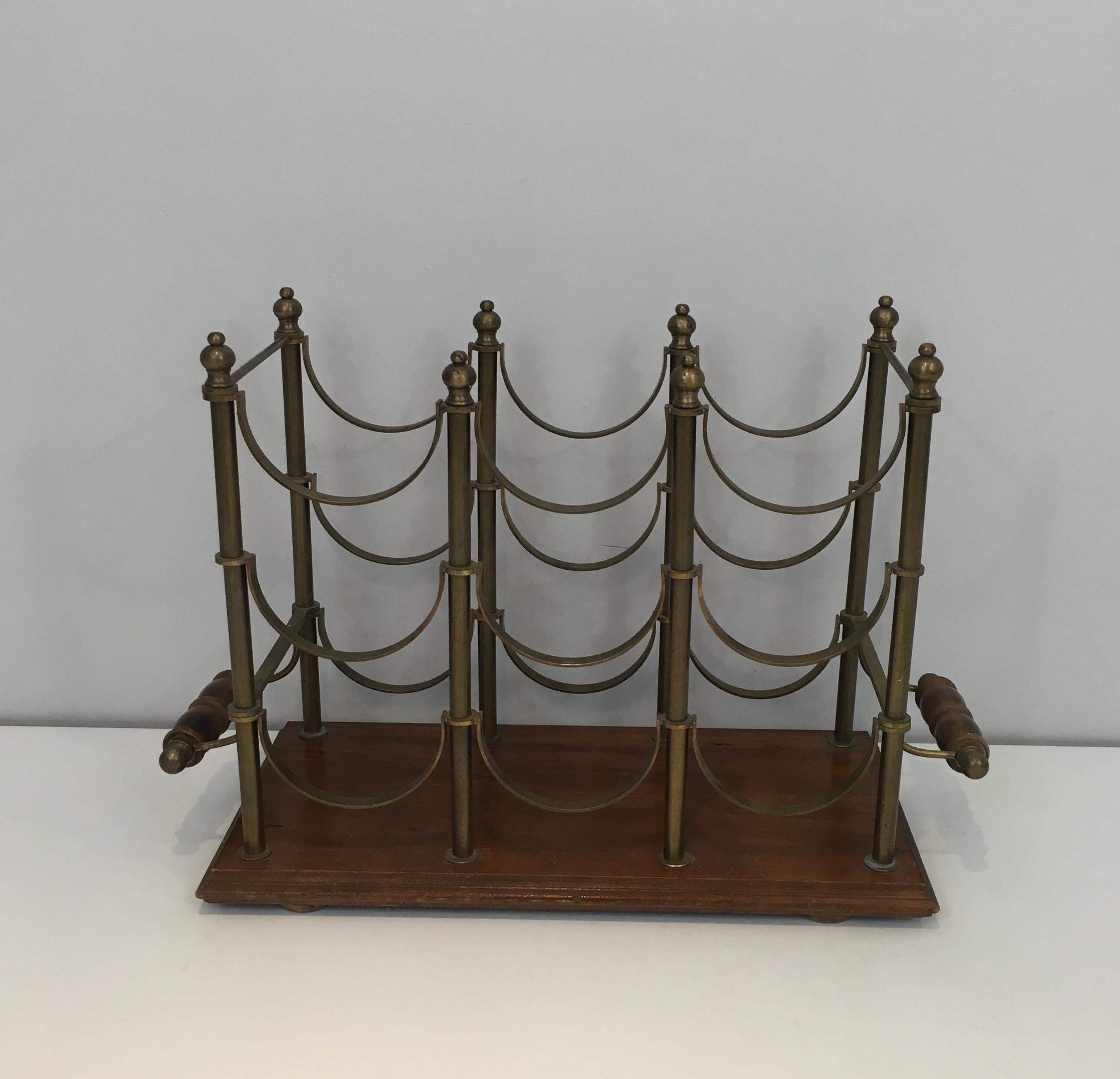 Neoclassical Style Brass and Wood Bottles Rack, French, circa 1970 4