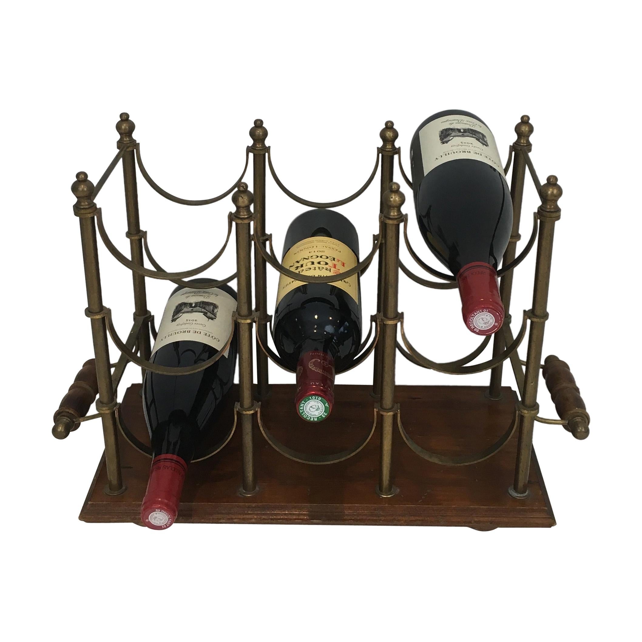 Neoclassical Style Brass and Wood Bottles Rack, French, circa 1970