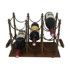 Vintage Neoclassical Style Brass and Wood Bottles Rack, French, circa 1970