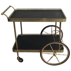 Neoclassical Style Brass Bar Cart with Faux Leather Covered Trays