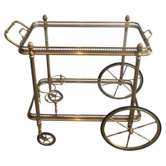 Neoclassical Style Brass Bar Cart with Removable Glass Tray By Maison Baguès