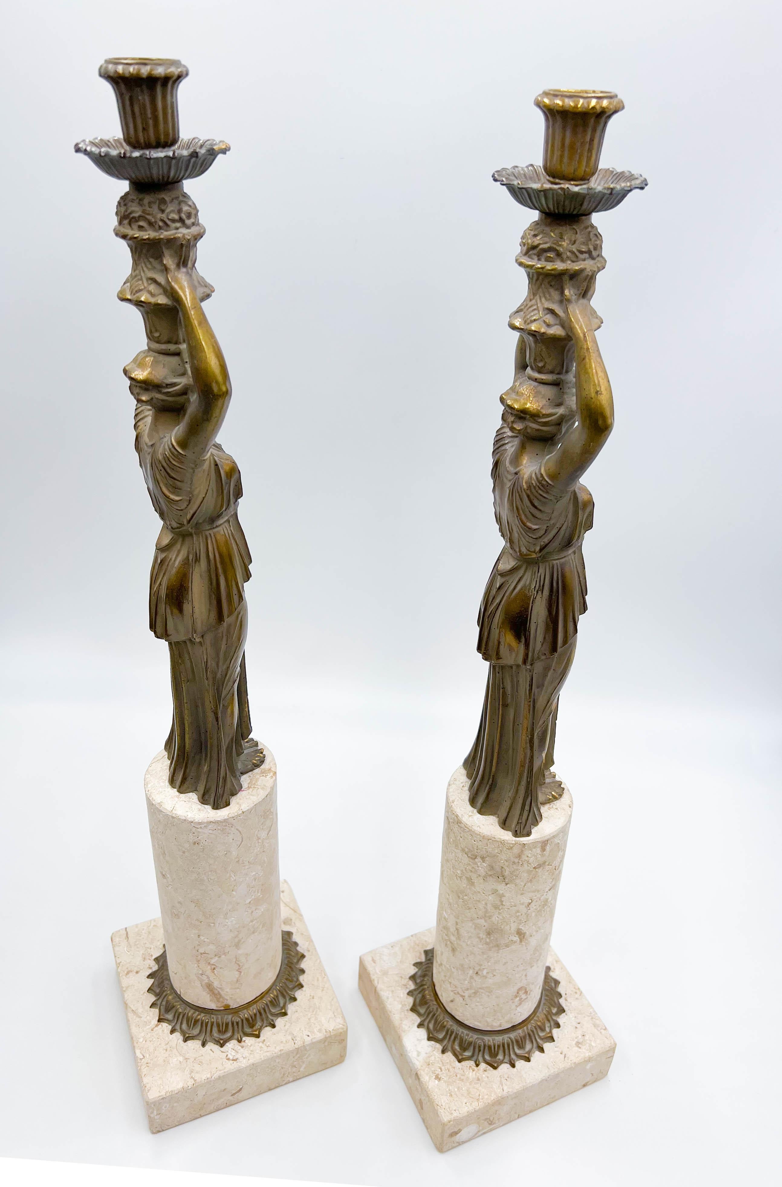 Brass Pair of Neoclassical Candleholders For Sale