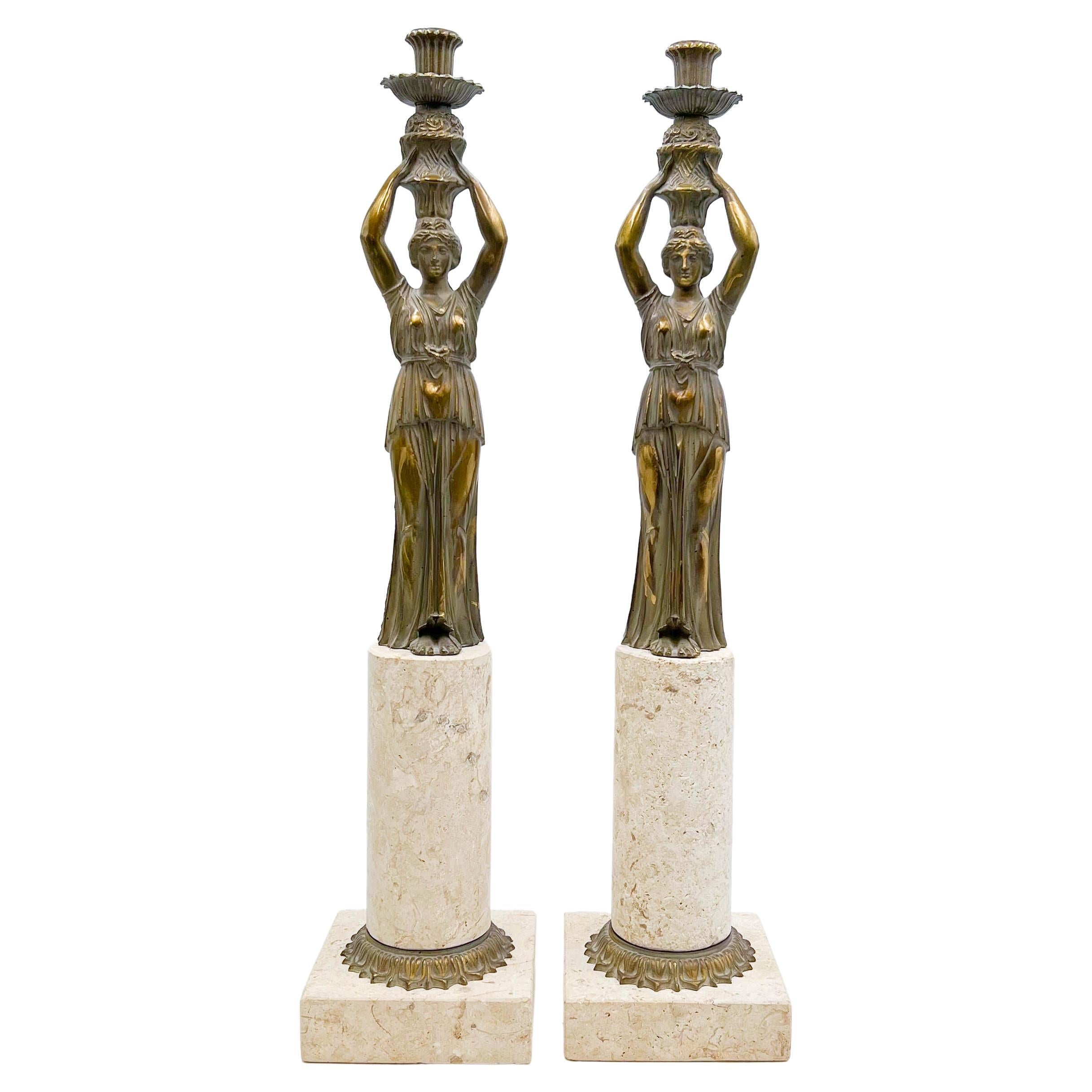 Neoclassical Style Brass Candleholders on Limestone Base, Pair