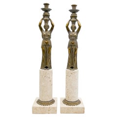 Neoclassical Style Brass Candleholders on Limestone Base, Pair