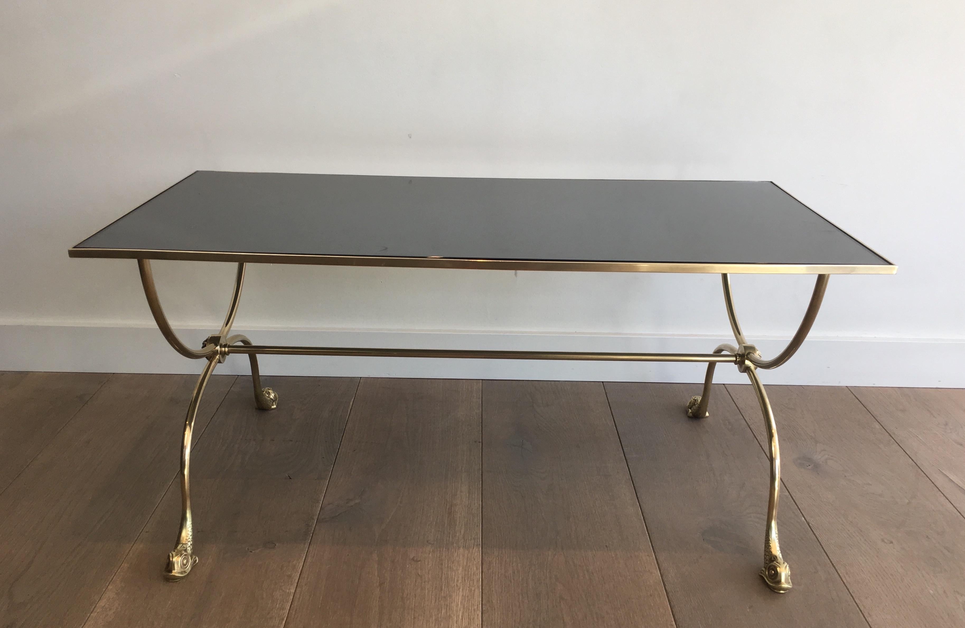 Neoclassical Style Brass Coffee Table with Dolphins Heads and Mirror Top For Sale 4