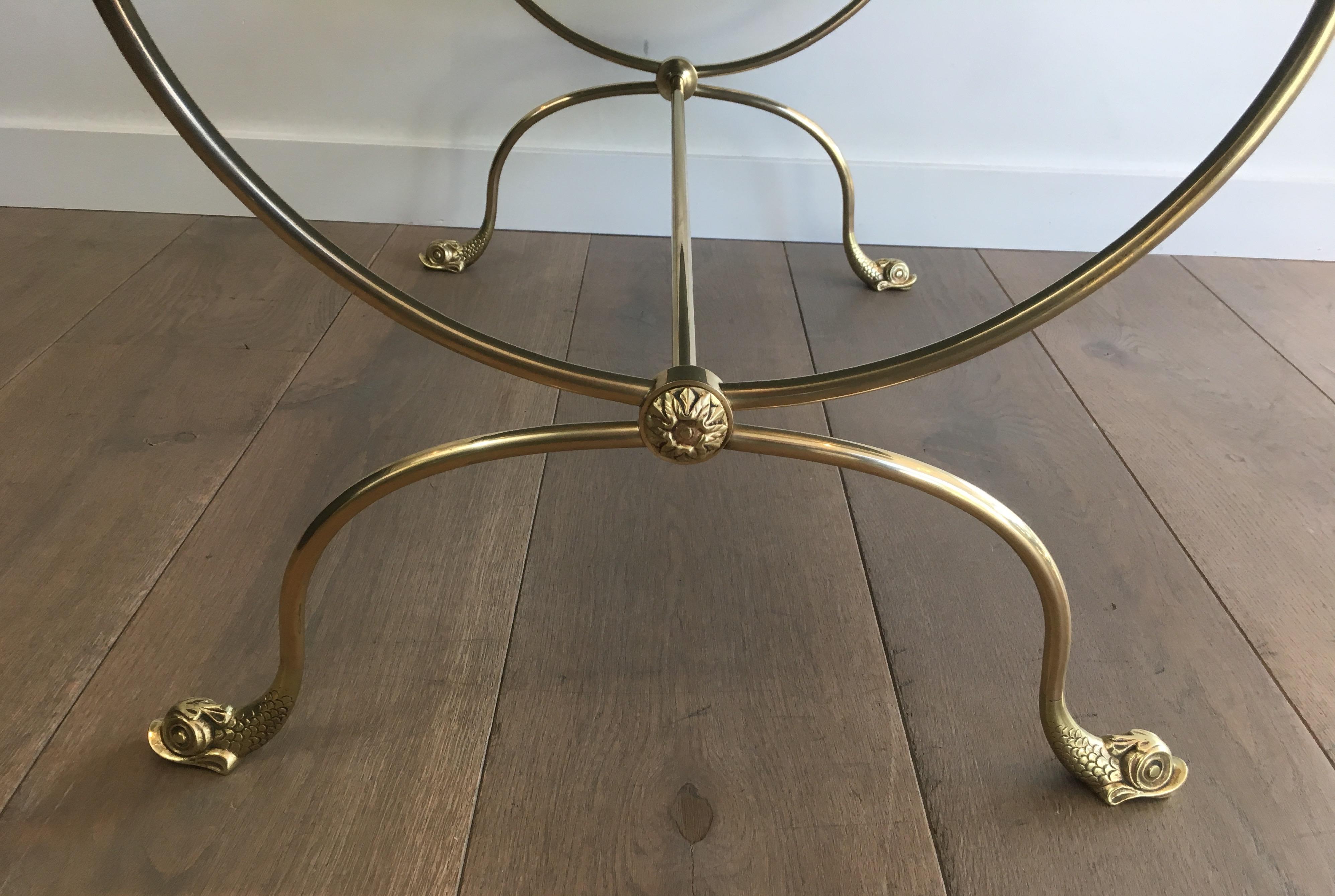 Neoclassical Style Brass Coffee Table with Dolphins Heads and Mirror Top In Good Condition For Sale In Marcq-en-Barœul, Hauts-de-France