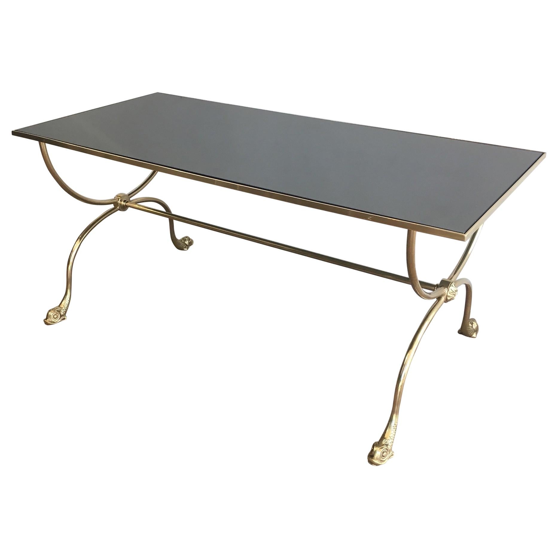 Neoclassical Style Brass Coffee Table with Dolphins Heads and Mirror Top